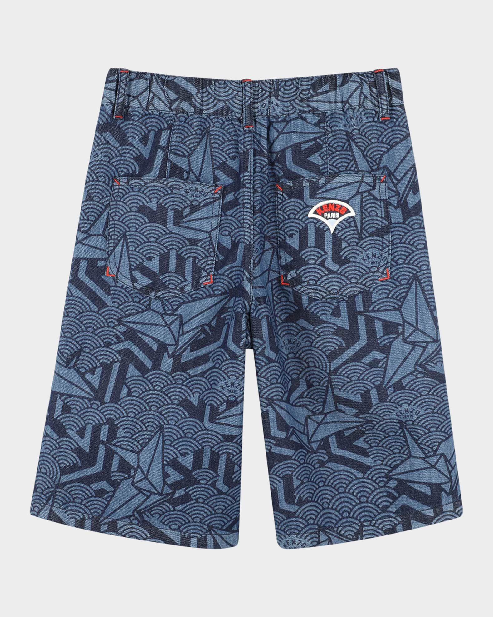  Boy's Printed Denim Shorts W/ Logo Badge, Size 6-12 1