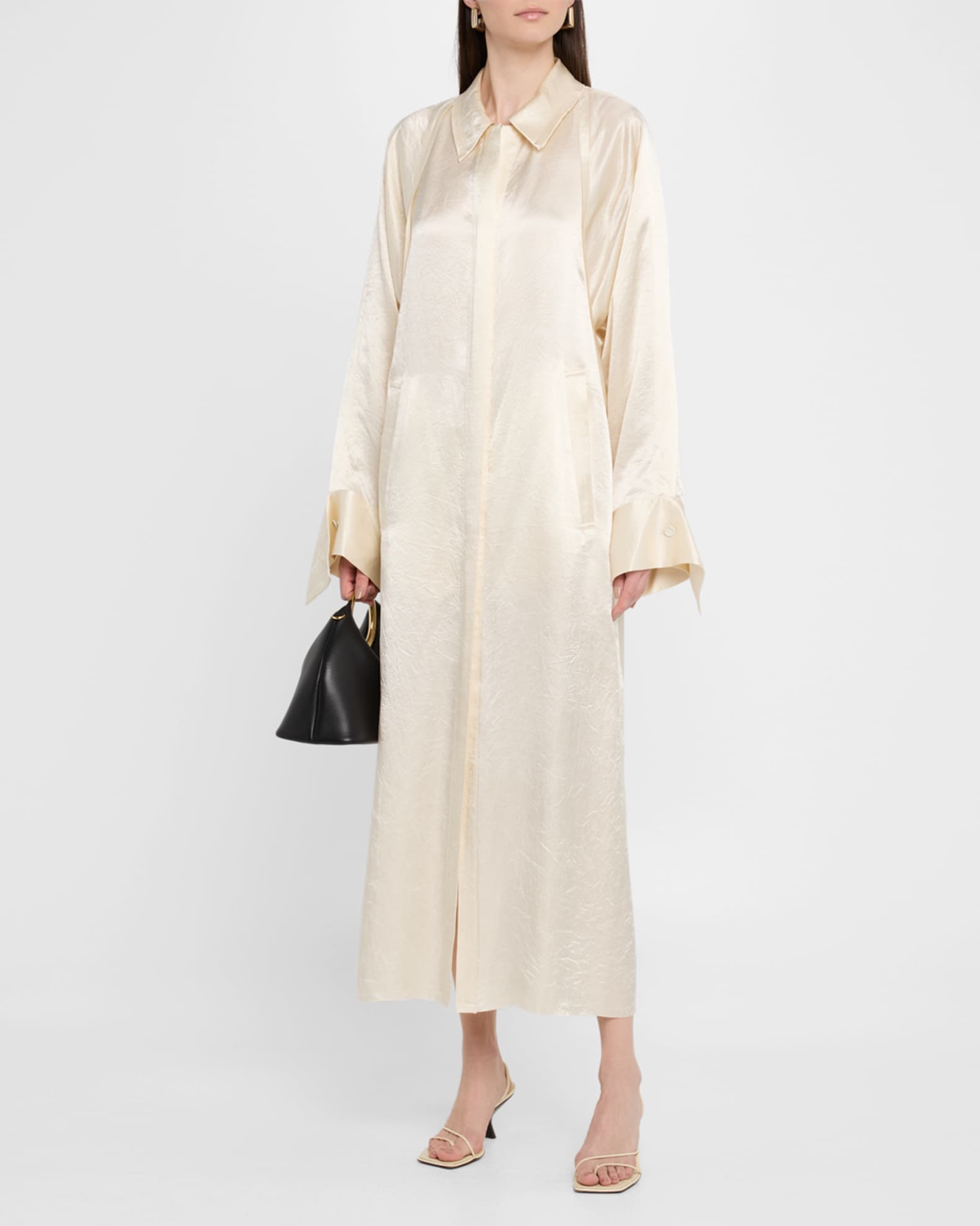 Raglan Sleeve Crinkled Satin Trench Coat 1