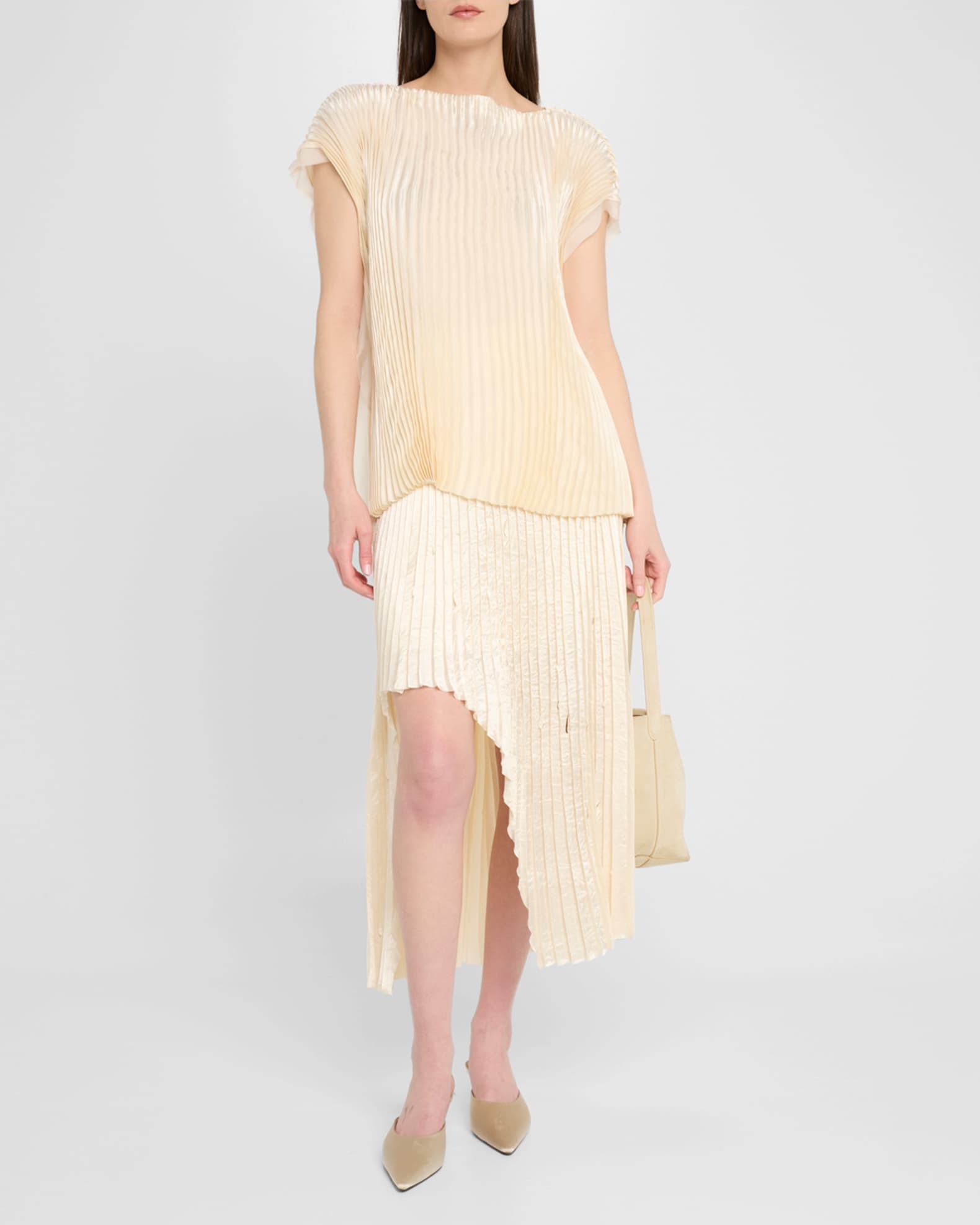 Boatneck Crinkled Satin Pleated Top 1
