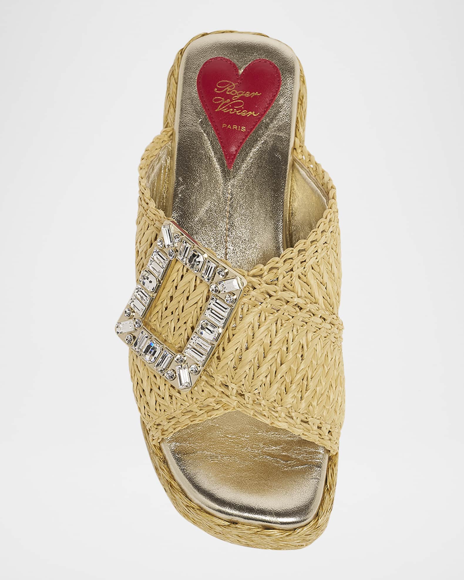 Roger Vivier Strass-Buckle Raffia Platform Sandals | Neiman Marcus