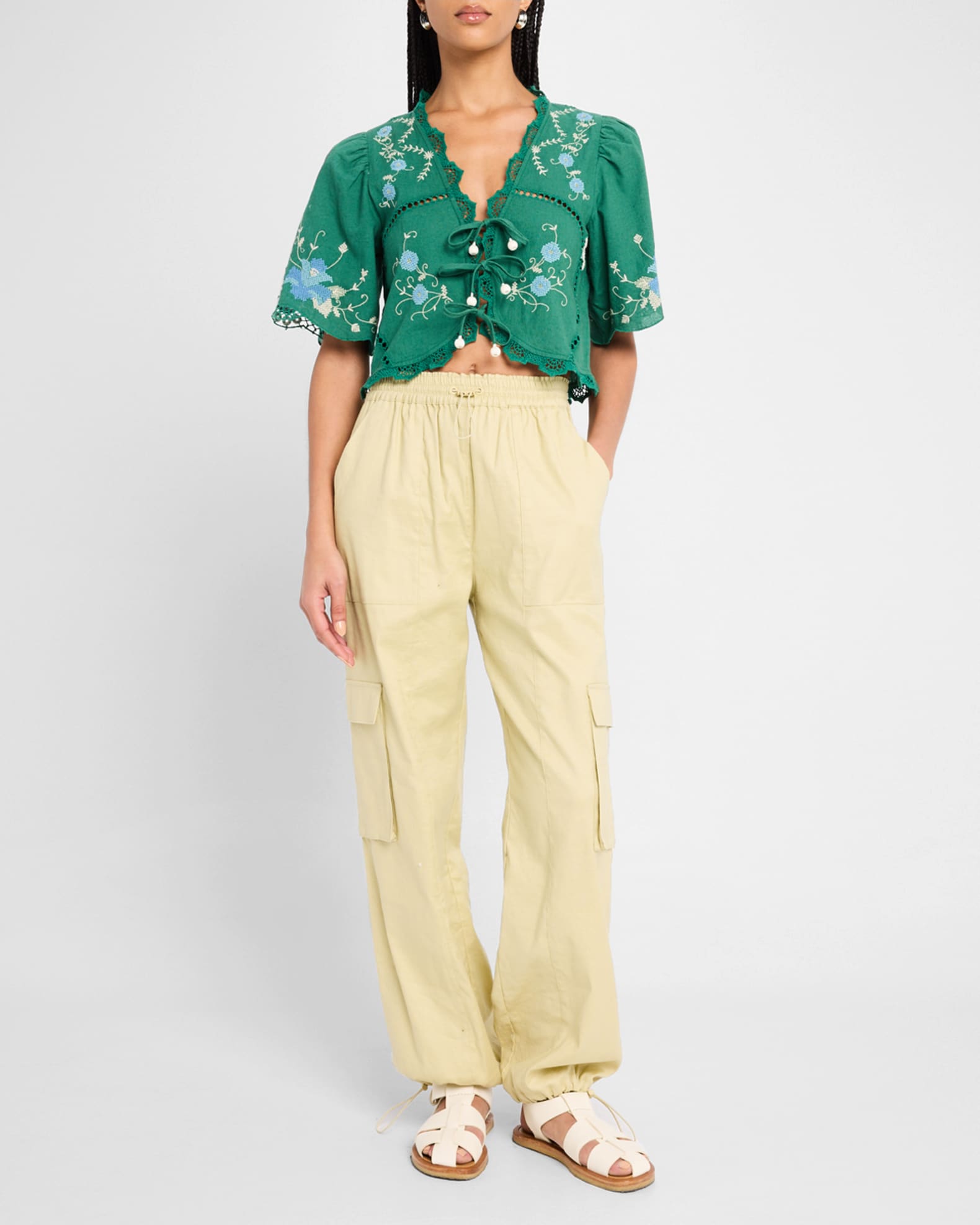 Sea Vesna Embroidered Tie-Front Top | Neiman Marcus