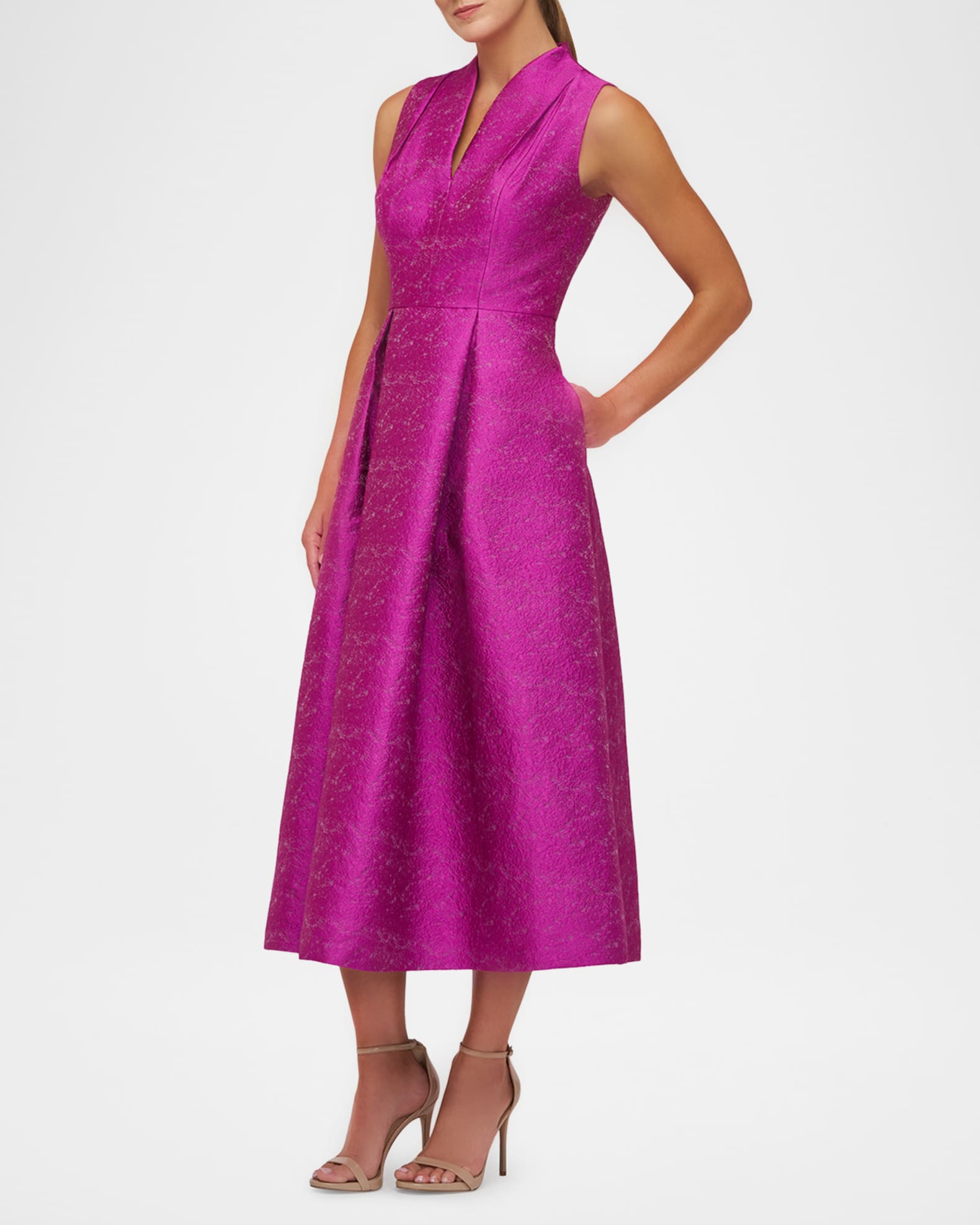 Kay Unger New York Allegra V-Neck Pleated Jacquard A-Line Dress | Neiman  Marcus