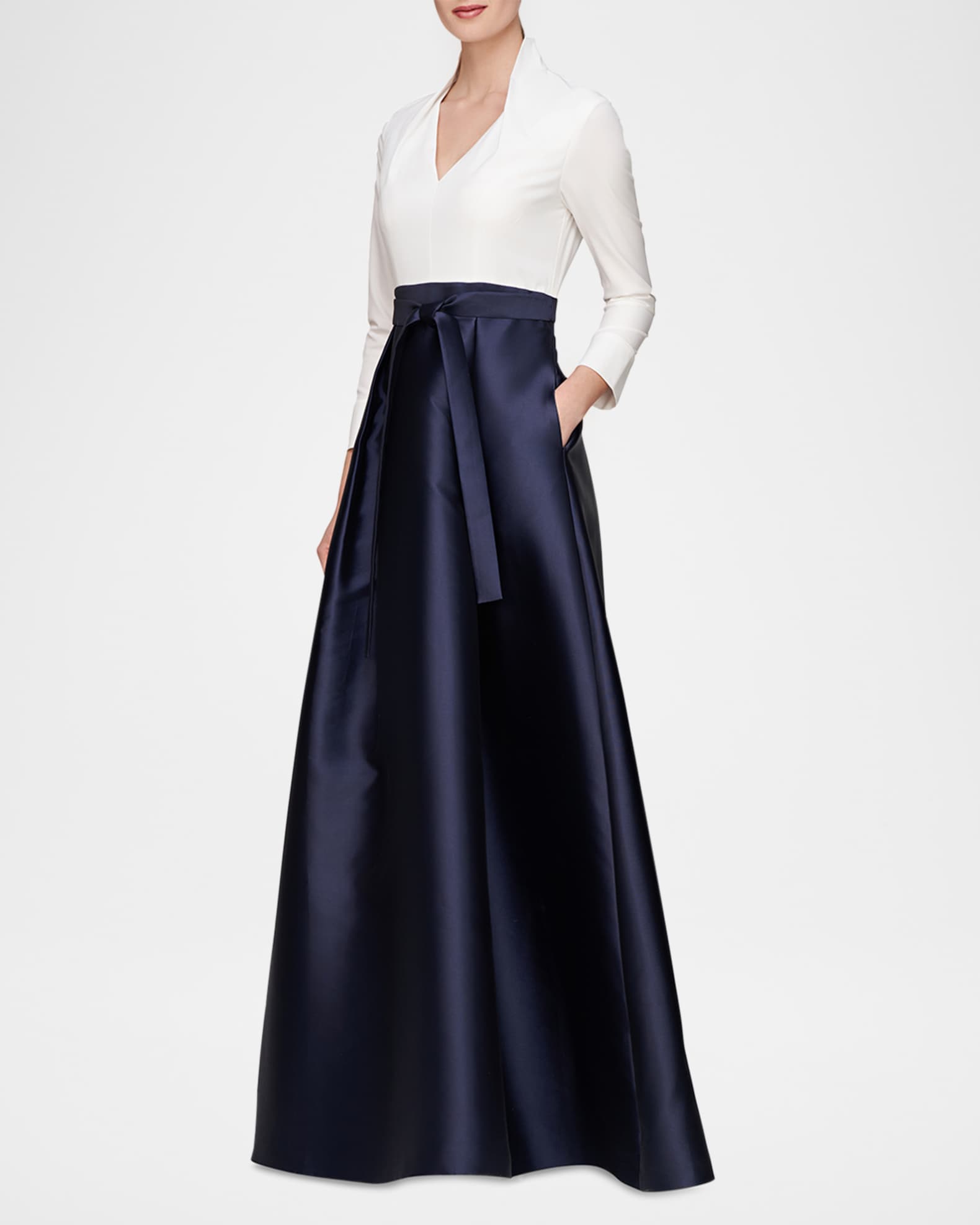 Kay Unger New York Phoebe 3/4-Sleeve Collared Poplin A-Line Gown