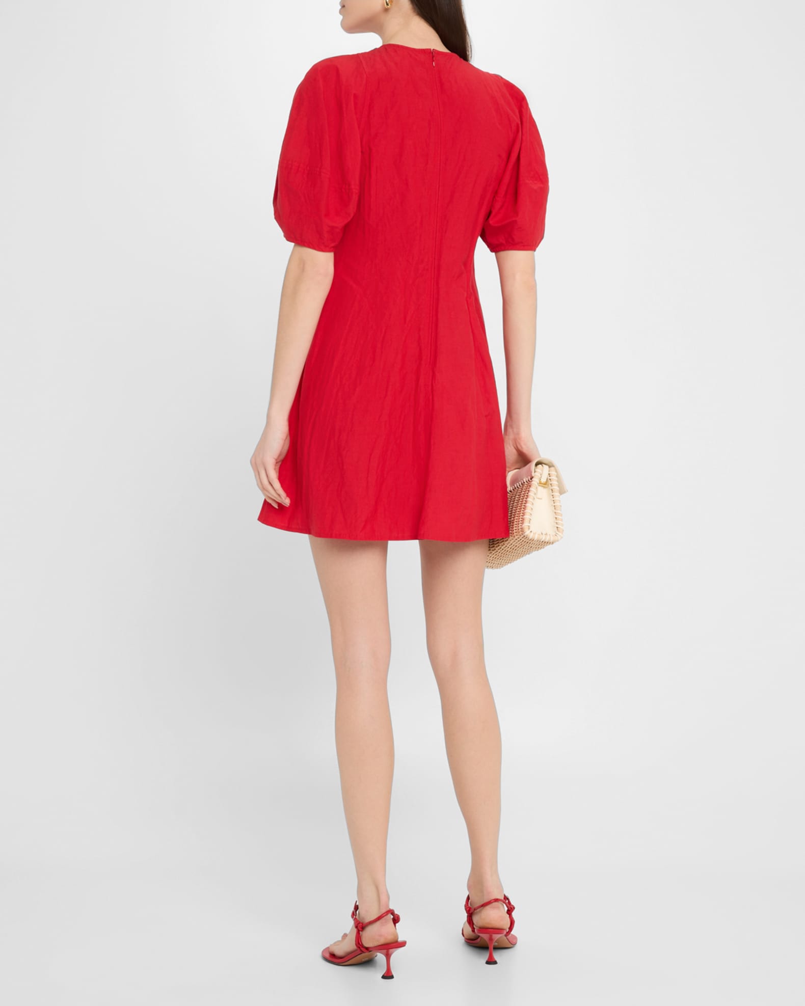 Apiece Apart Bettina Topstitched Puff-Sleeve Mini Dress Apiece Apart Bettina Topstitched Puff-Sleeve Mini Dress