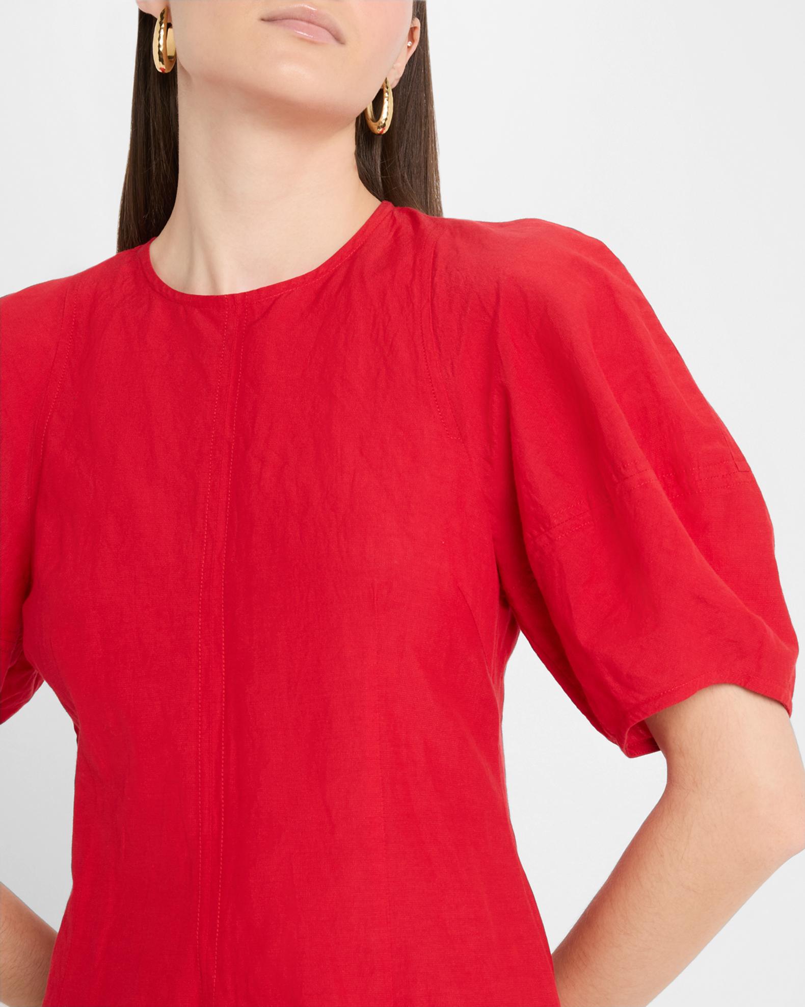 apiece apart red dress Apiece Apart Bettina Topstitched Puff-Sleeve Mini Dress