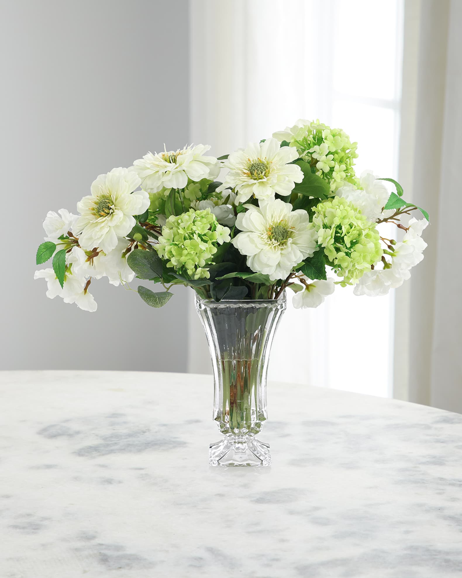 Chilly White Zinnias 21" Faux Floral Arrangement in Glass Vase 0