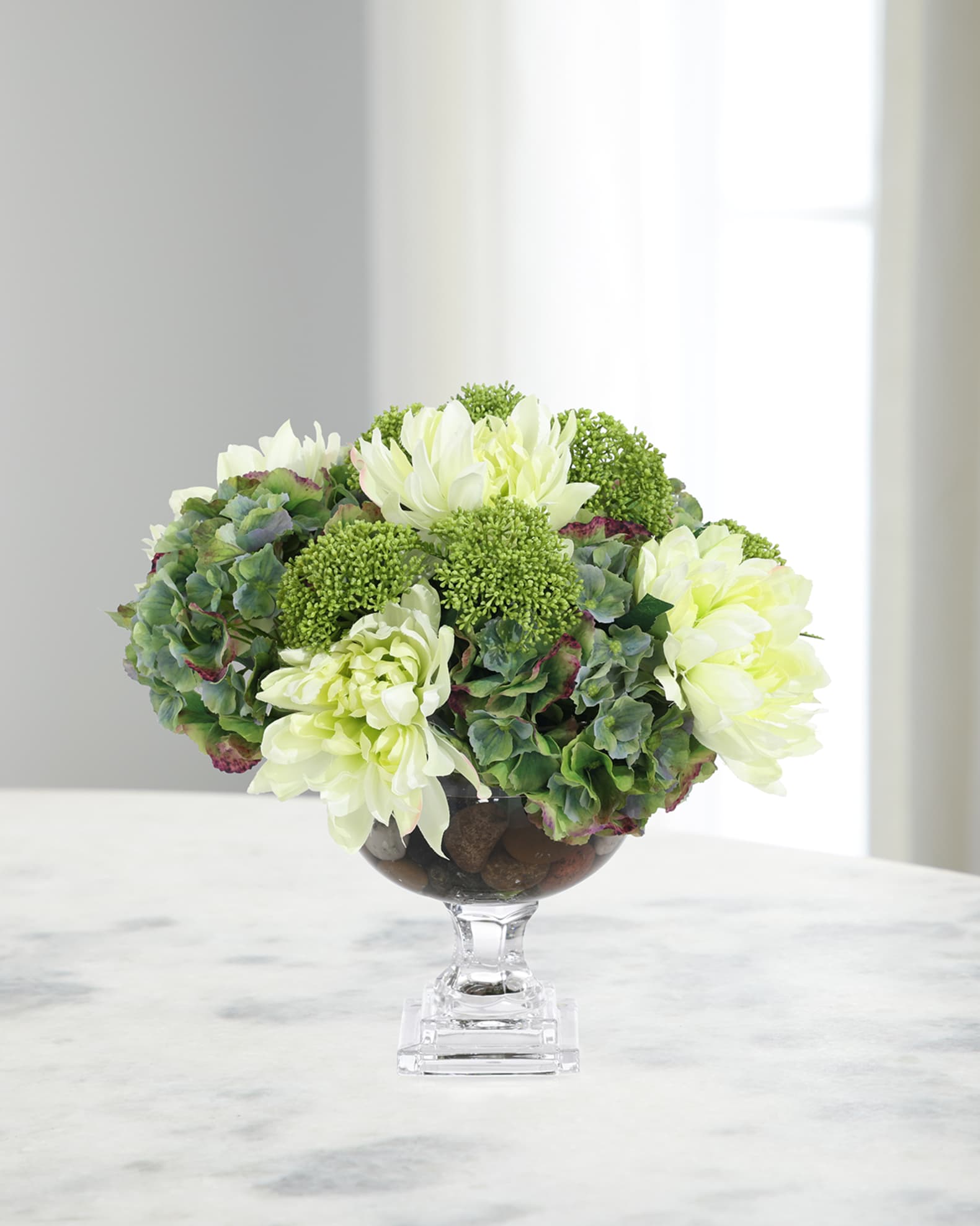 Teal Green Hydrangeas 18" Faux Floral Arrangement in Glass Vase 0