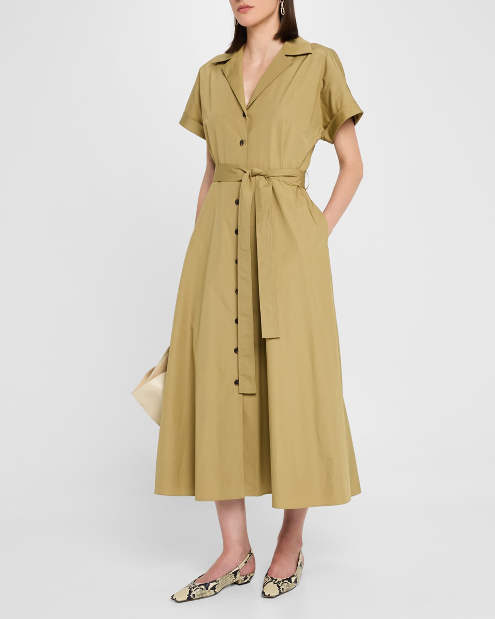 Belted A-Line Cotton Midi Shirtdress 1