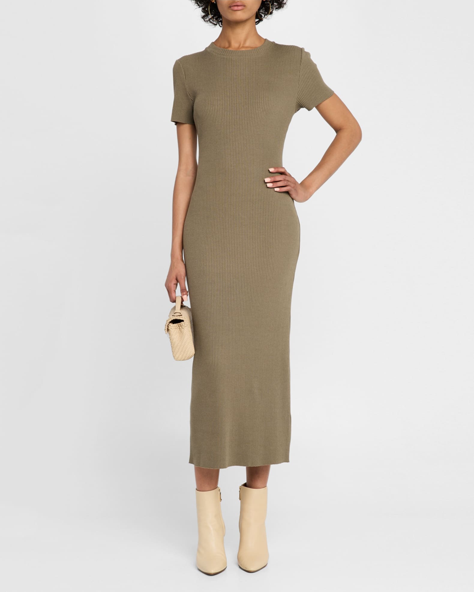 Vince Short-Sleeve Ribbed Midi Dress | Neiman Marcus