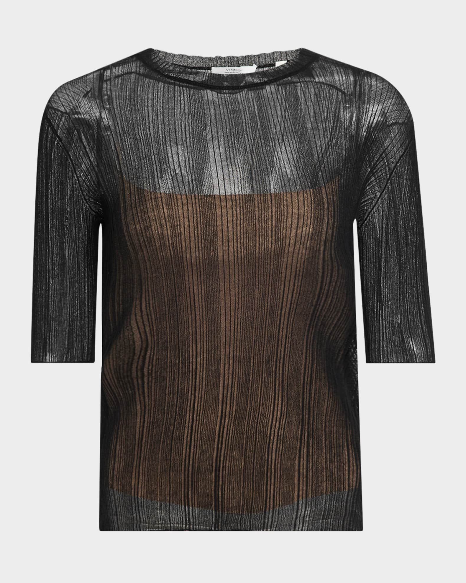 Double-Layered Ribbed Elbow-Sleeve Top  0