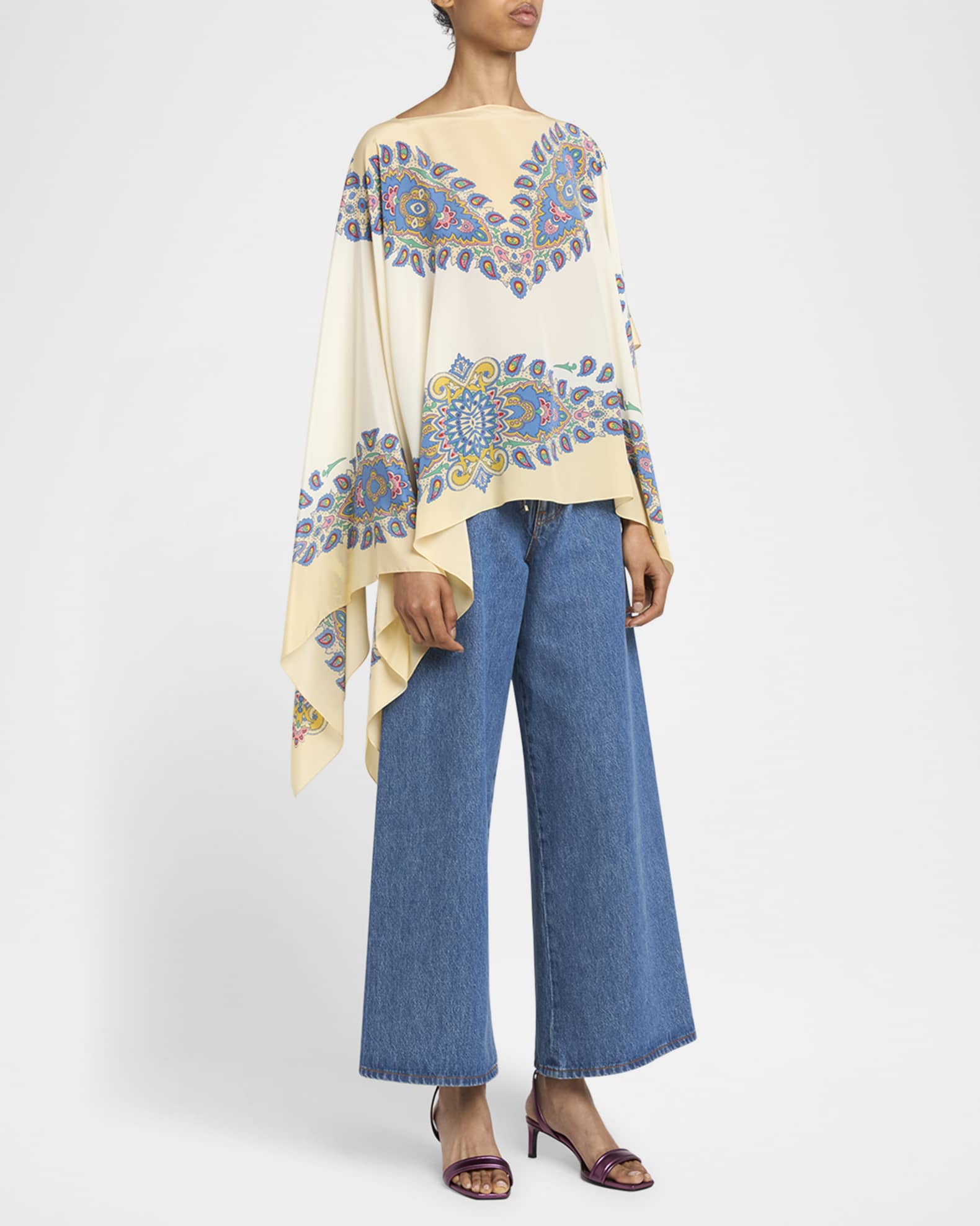 Paisley-Print Silk Asymmetric Poncho 1
