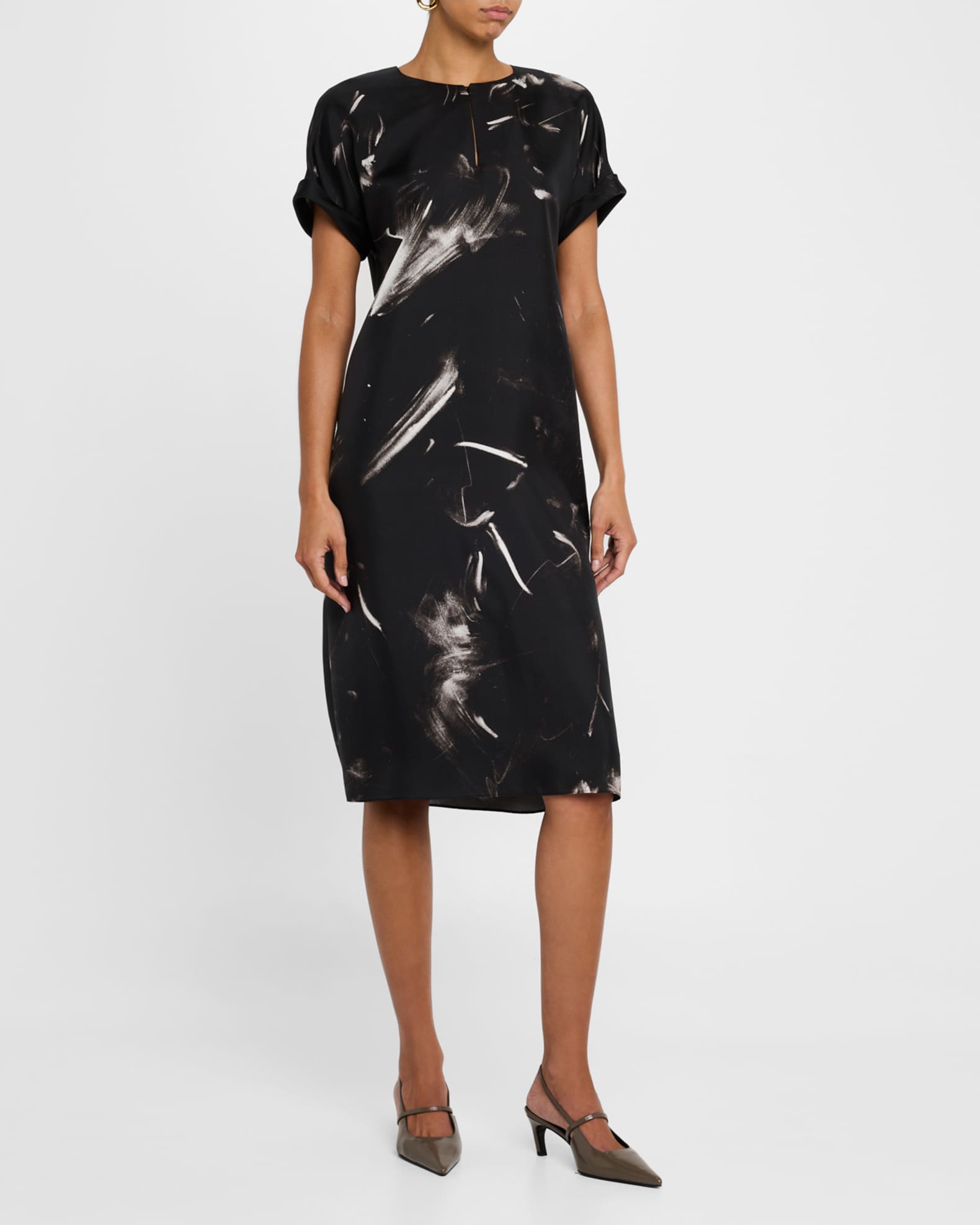 Cuffed Short-Sleeve Silk Dress 1