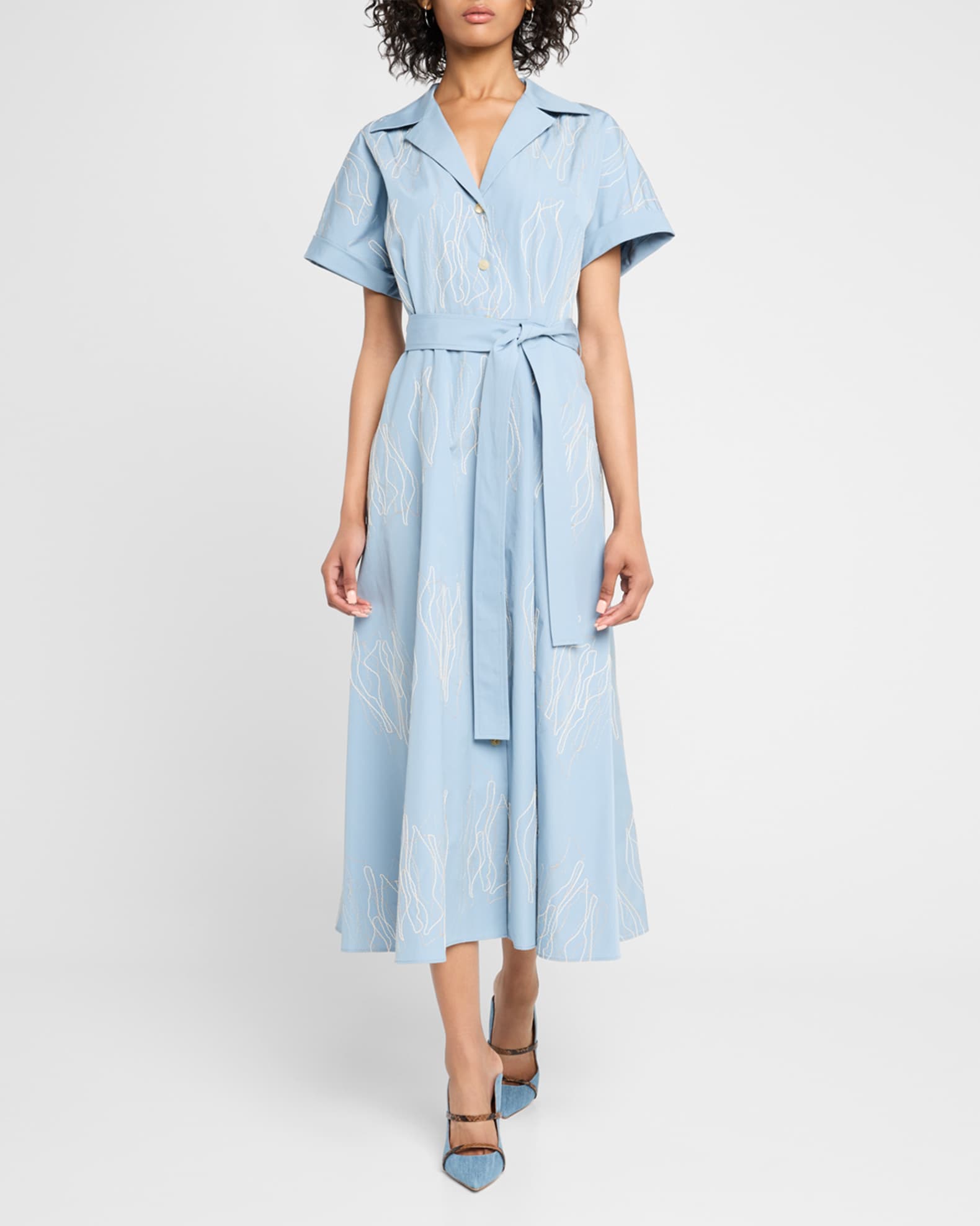 Lafayette 148 New York Embroidered Cotton Poplin Midi Shirtdress 