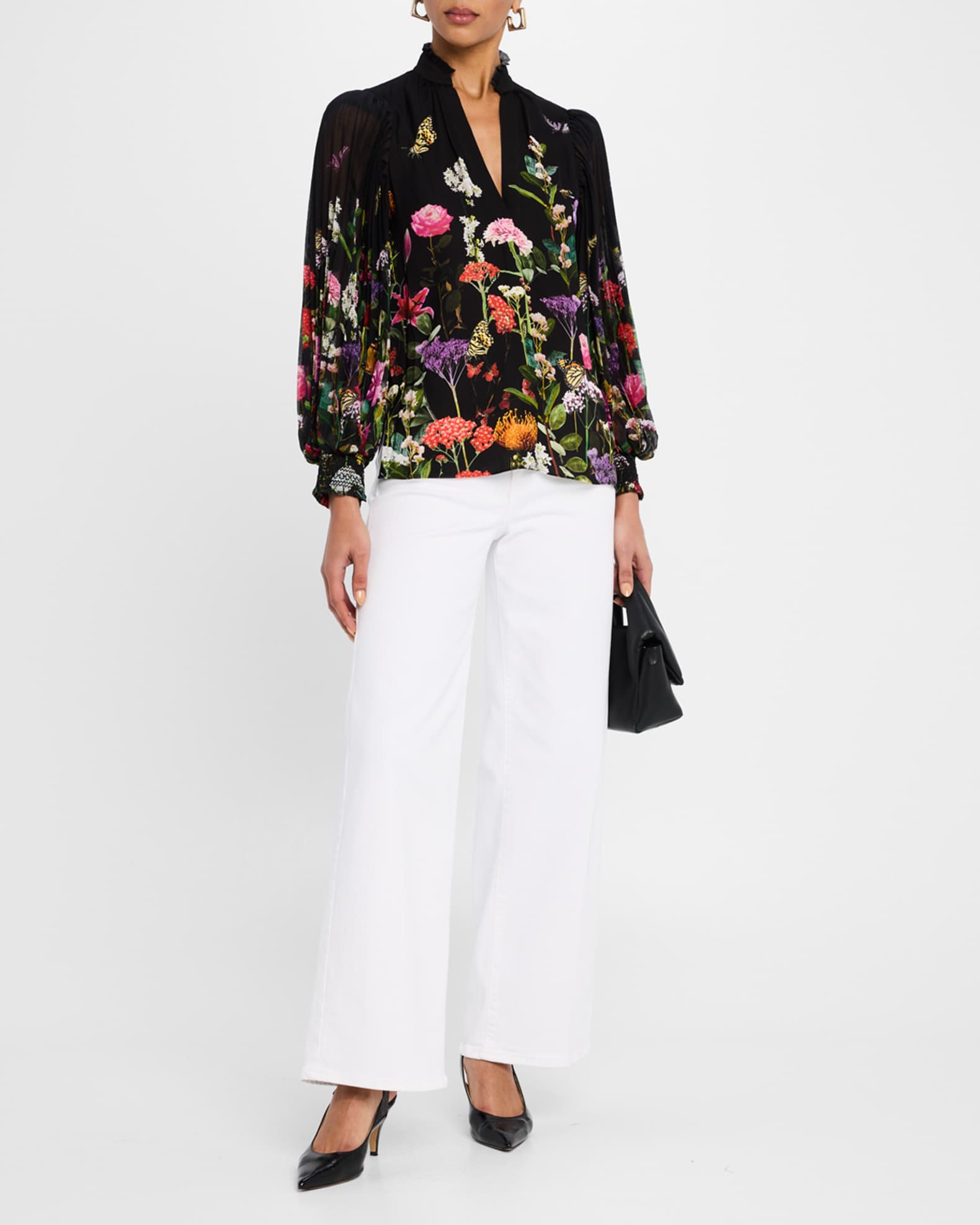 Ilan Pleated Blouson-Sleeve Blouse 1