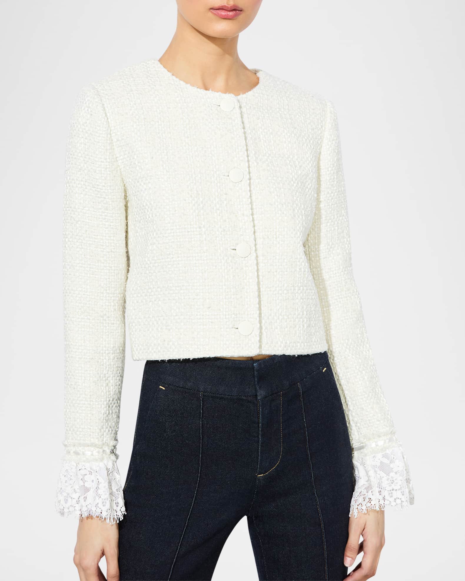 Alice + Olivia ミリーツイードジャケット Alice + Olivia Millie Ruffle-Sleeve Box Jacket | Neiman Marcus