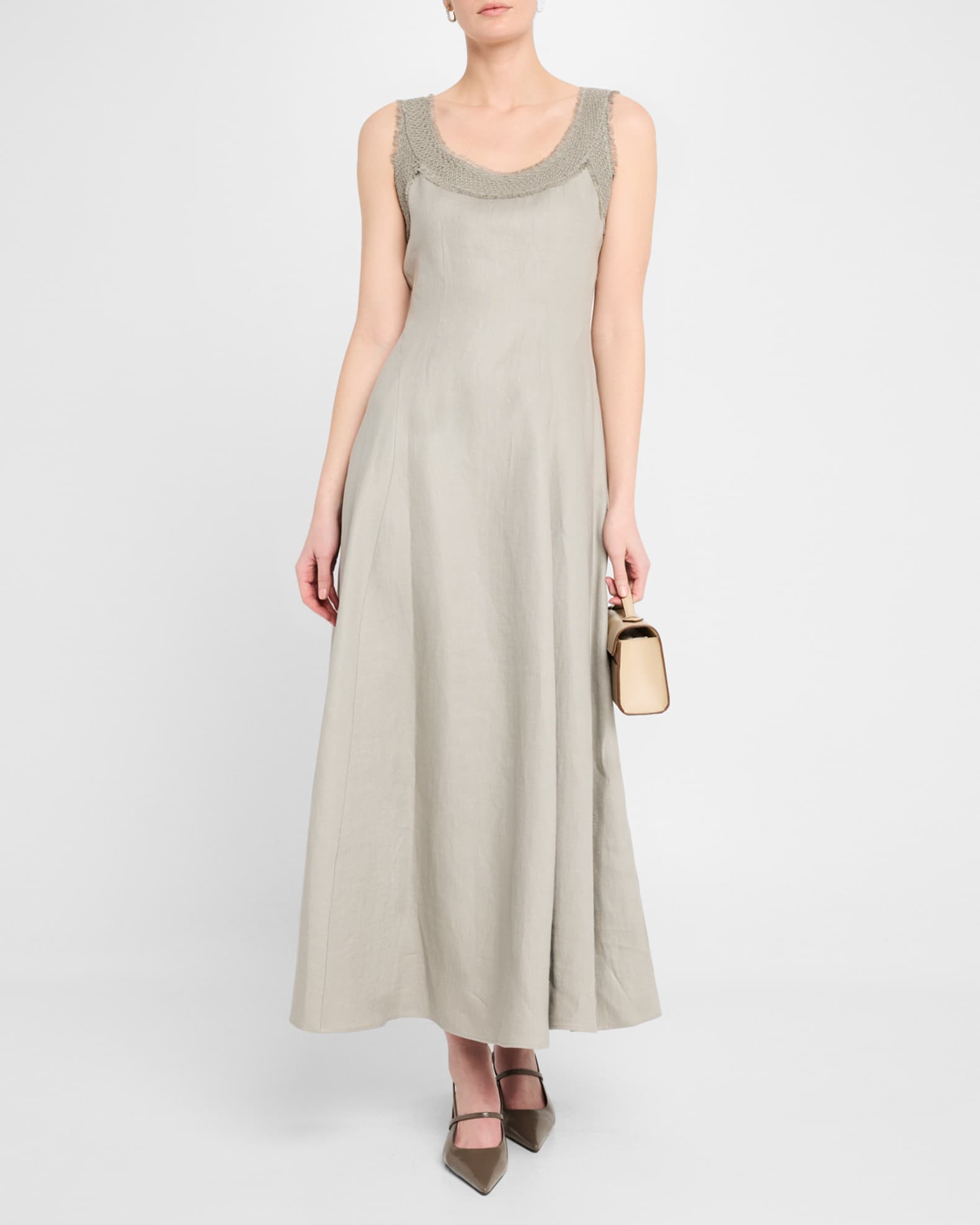 Square-Neck Linen Dress with Knit Trim 1