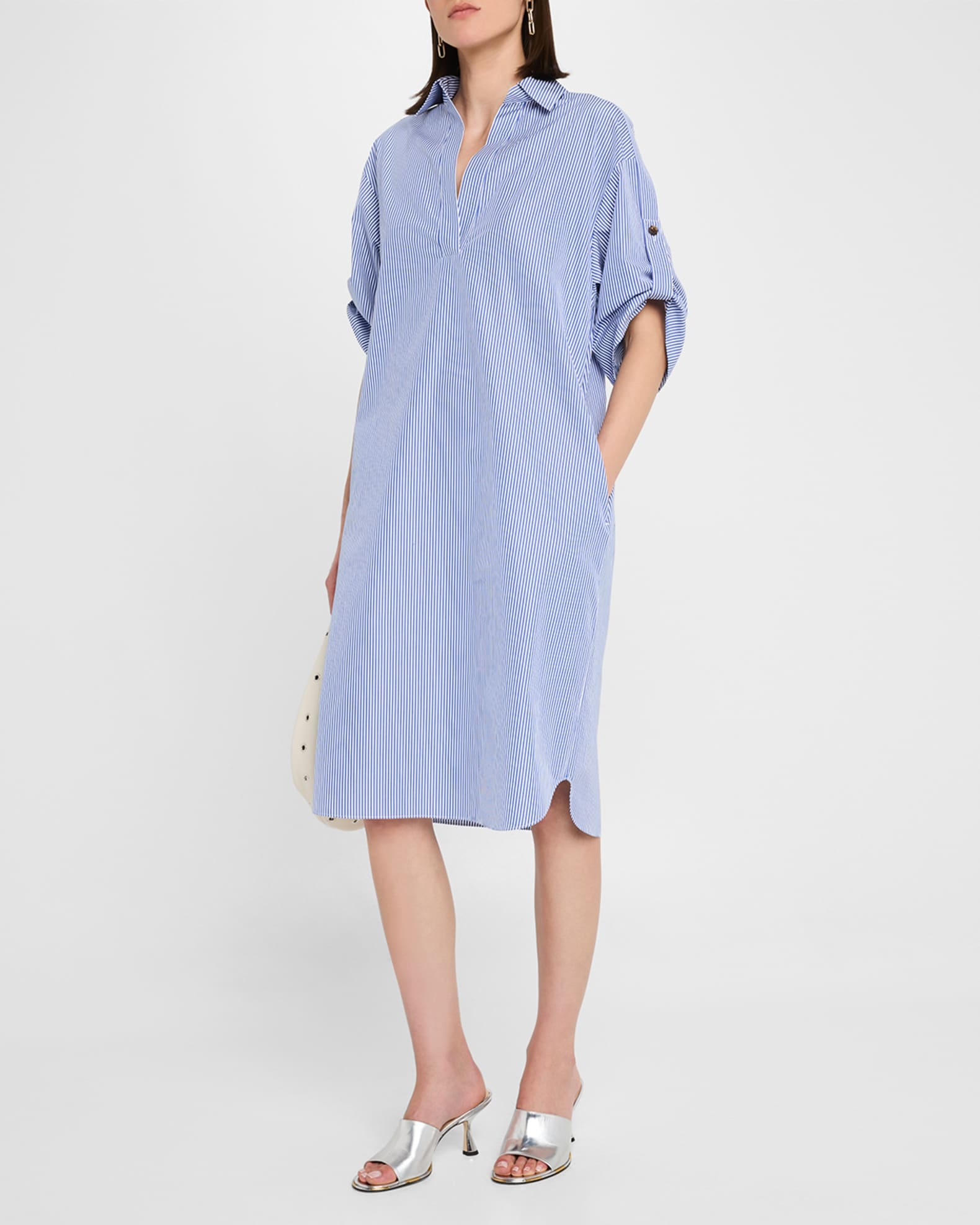 Striped Rolled-Sleeve Linen Midi Shirtdress 1