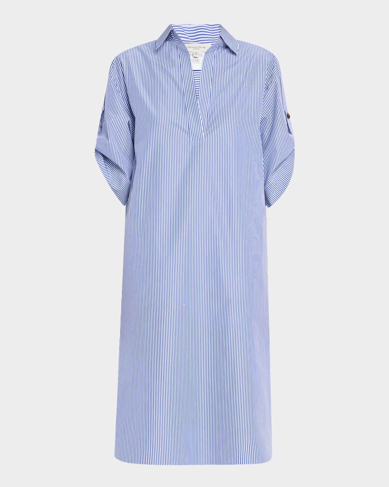 Striped Rolled-Sleeve Linen Midi Shirtdress 0