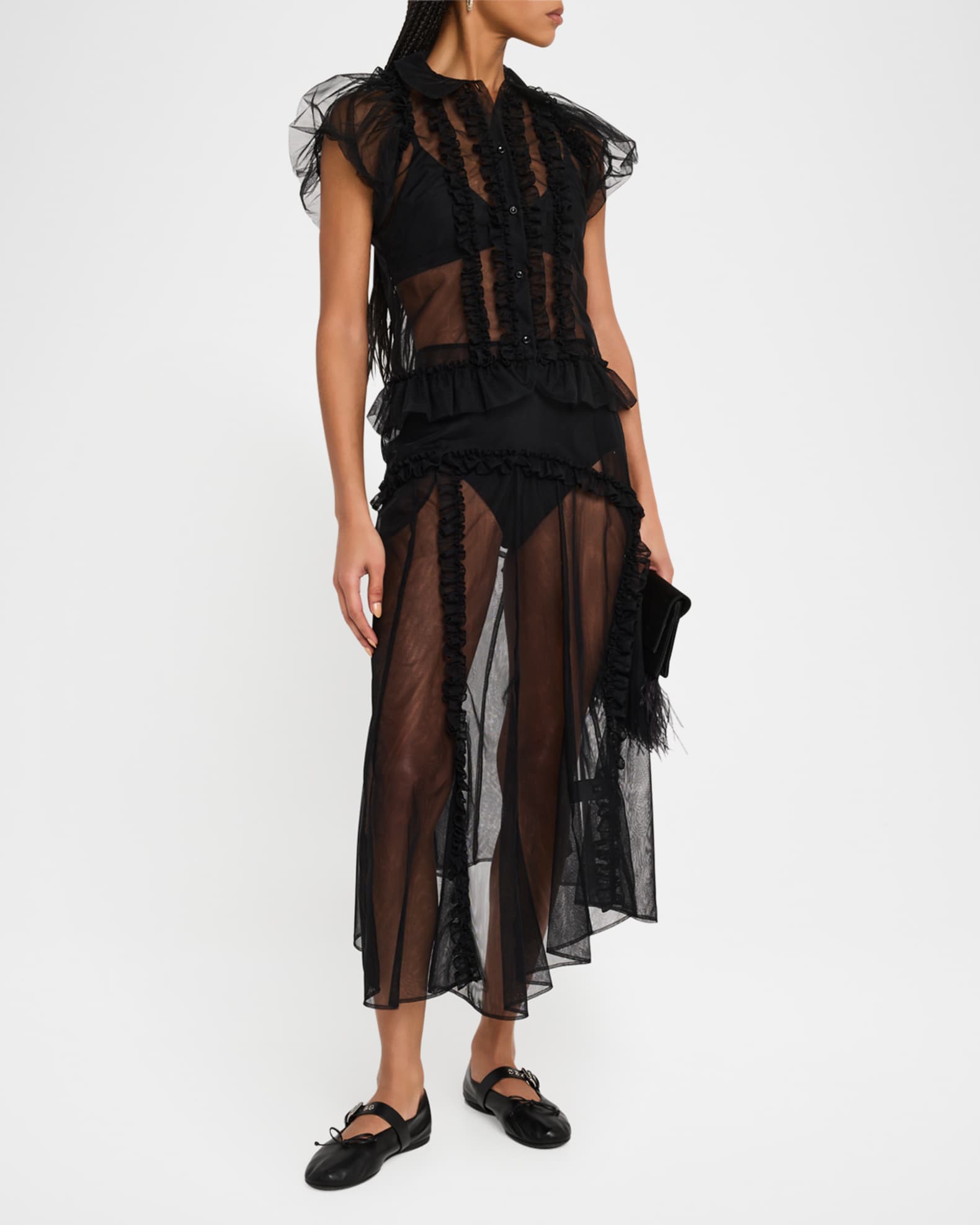 Sheer Puff-Sleeve Ruffle Shirt 1