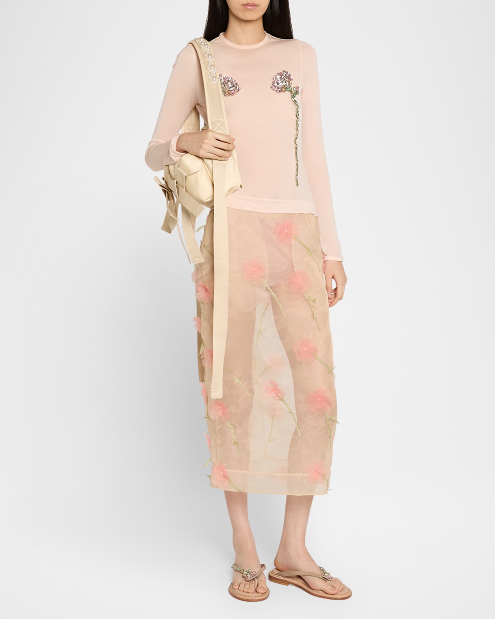 Flower-Applique Sheer Organza Midi Skirt 1