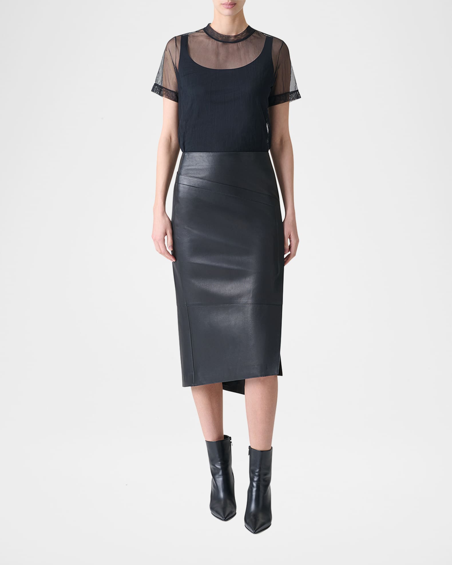 Akris Asymmetric Trapezoid Nappa Leather Midi Skirt | Neiman Marcus