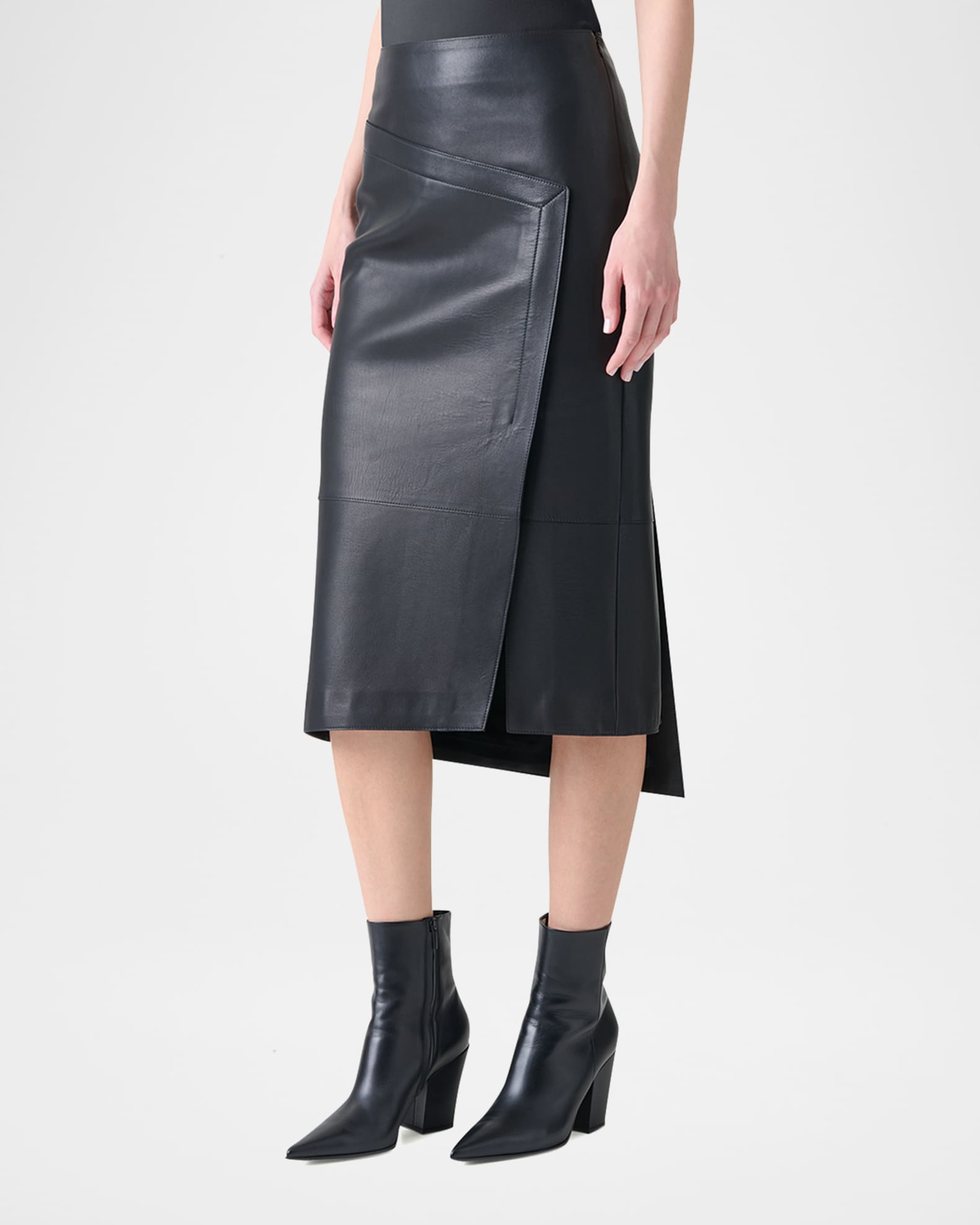 Akris Asymmetric Trapezoid Nappa Leather Midi Skirt | Neiman Marcus