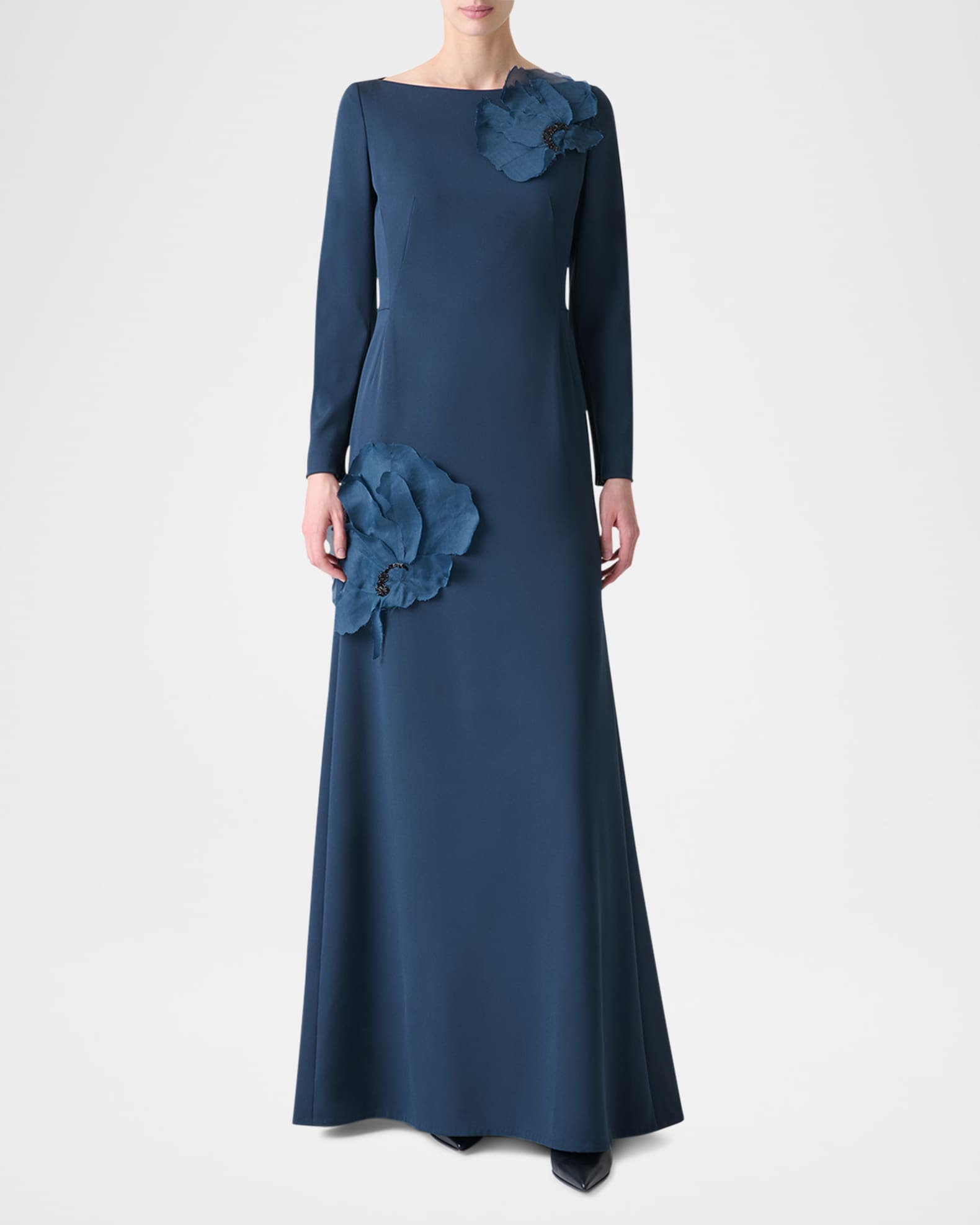 Organza Anemone Corsage Long-Sleeve Crepe Gown