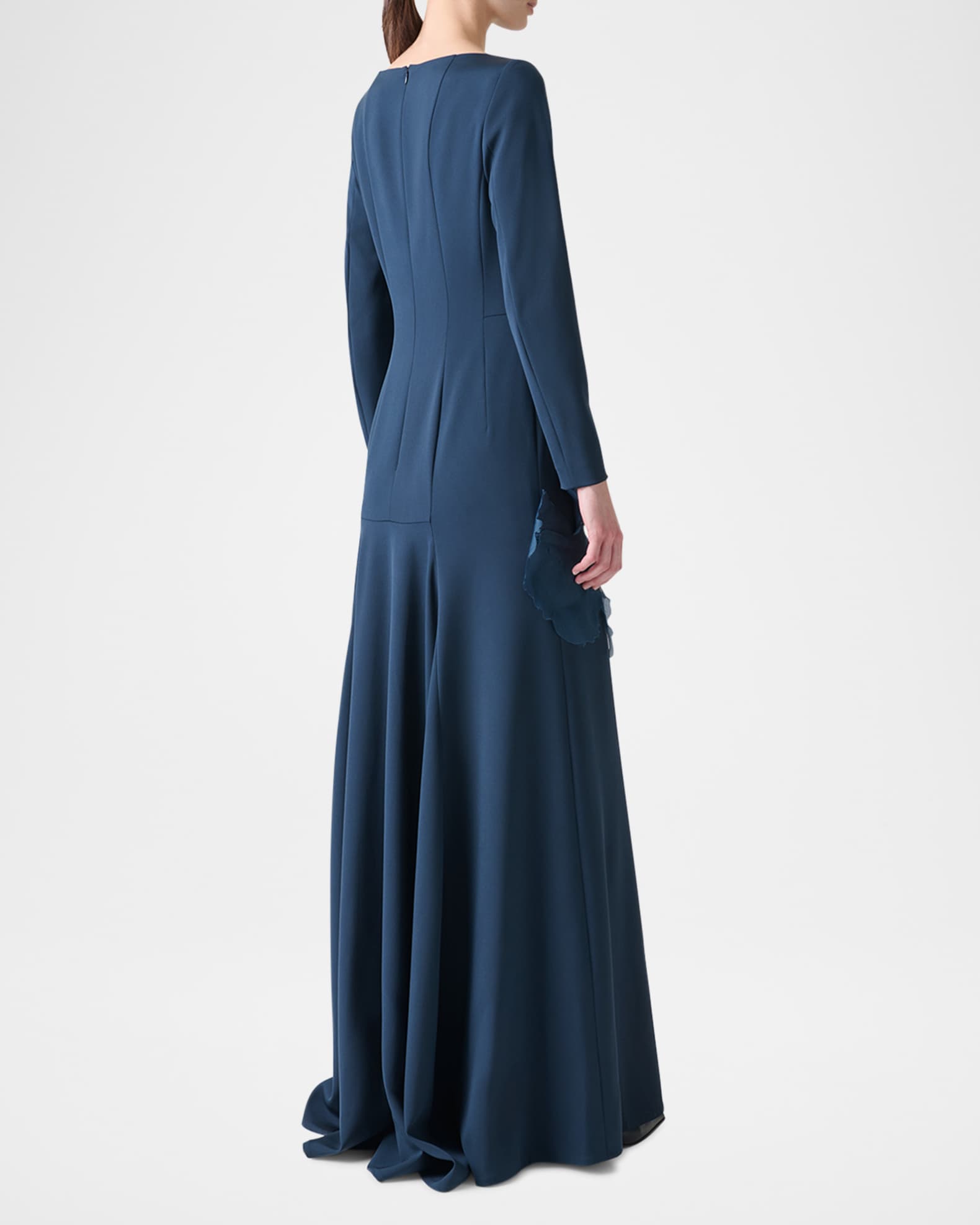 Organza Anemone Corsage Long-Sleeve Crepe Gown