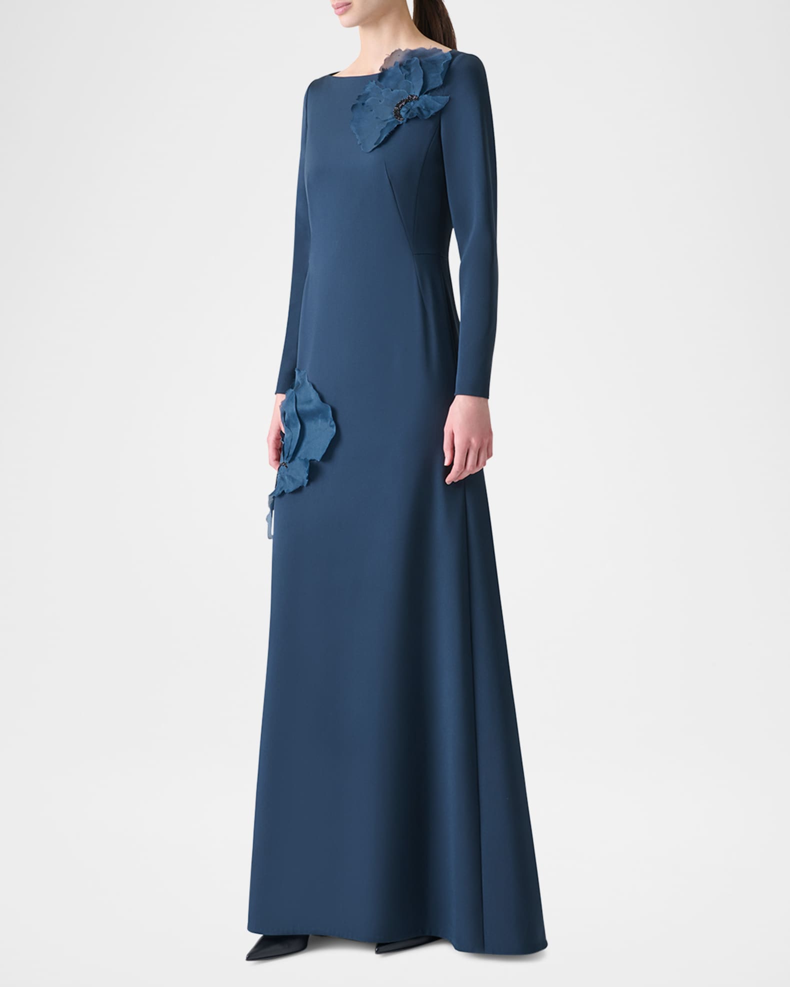 Organza Anemone Corsage Long-Sleeve Crepe Gown