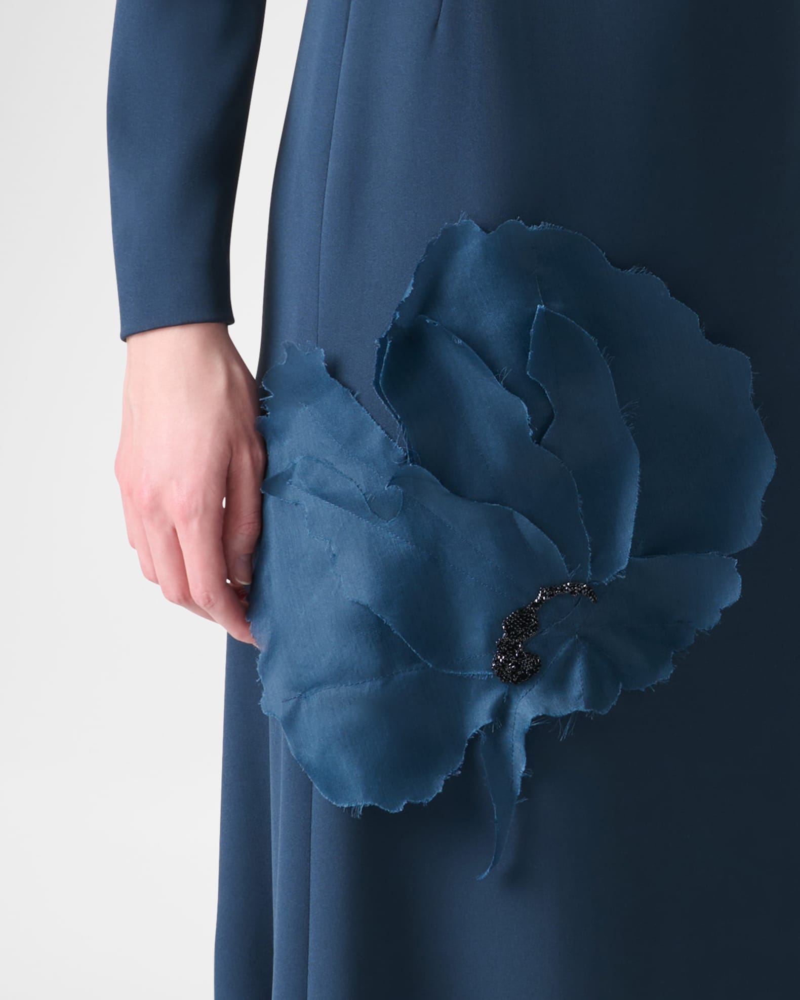 Organza Anemone Corsage Long-Sleeve Crepe Gown