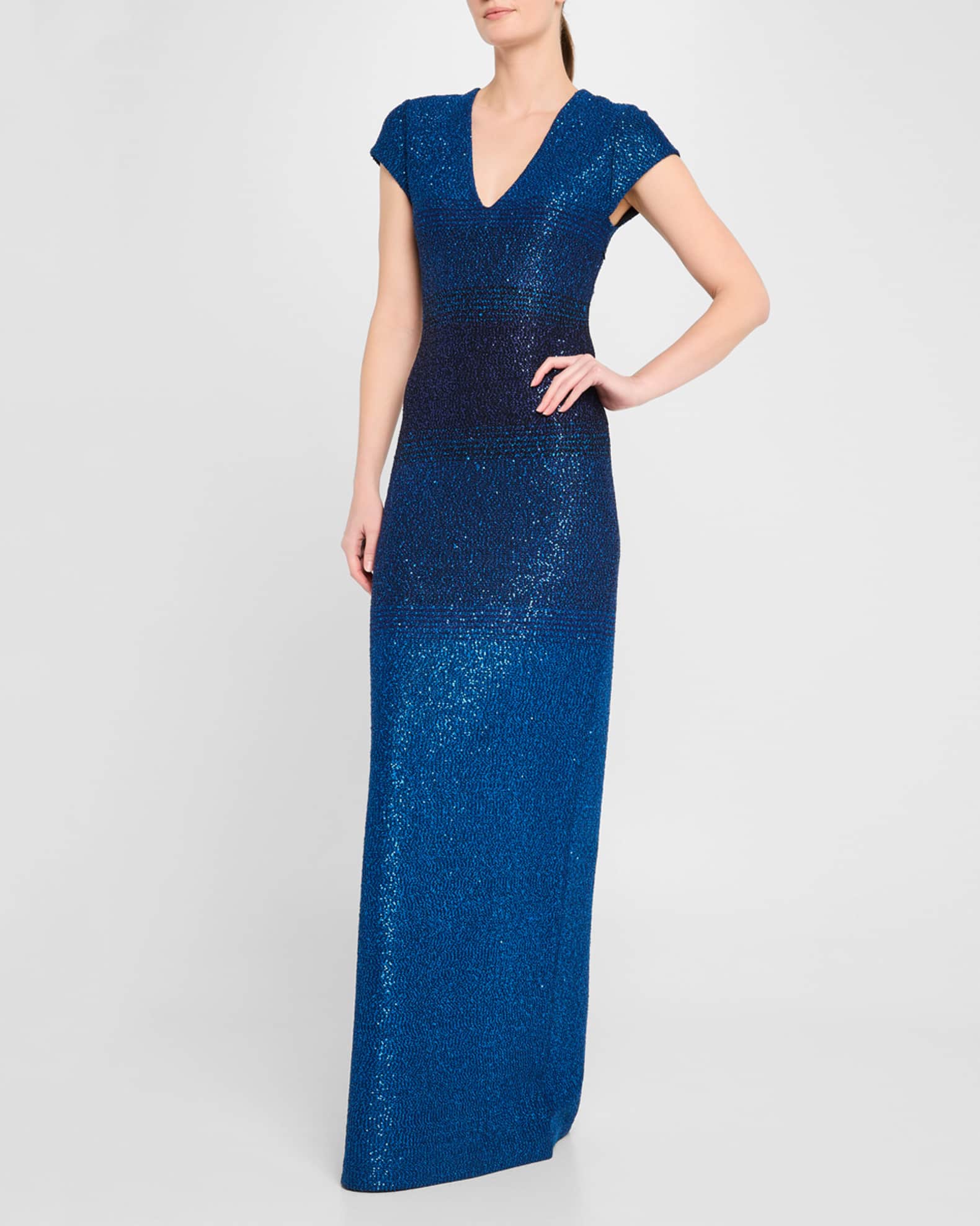 St. John V-Neck Degrade Sequin Knit Short-Sleeve Gown