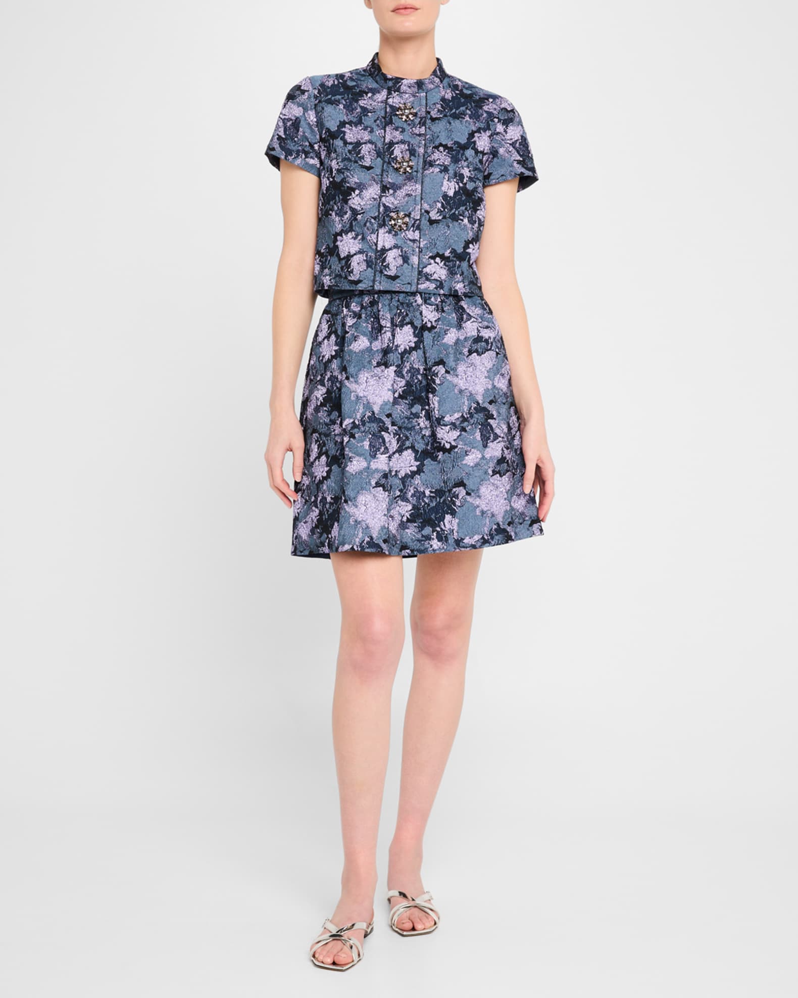 Floral Metallic Gaufre Short-Sleeve Crop Top 1