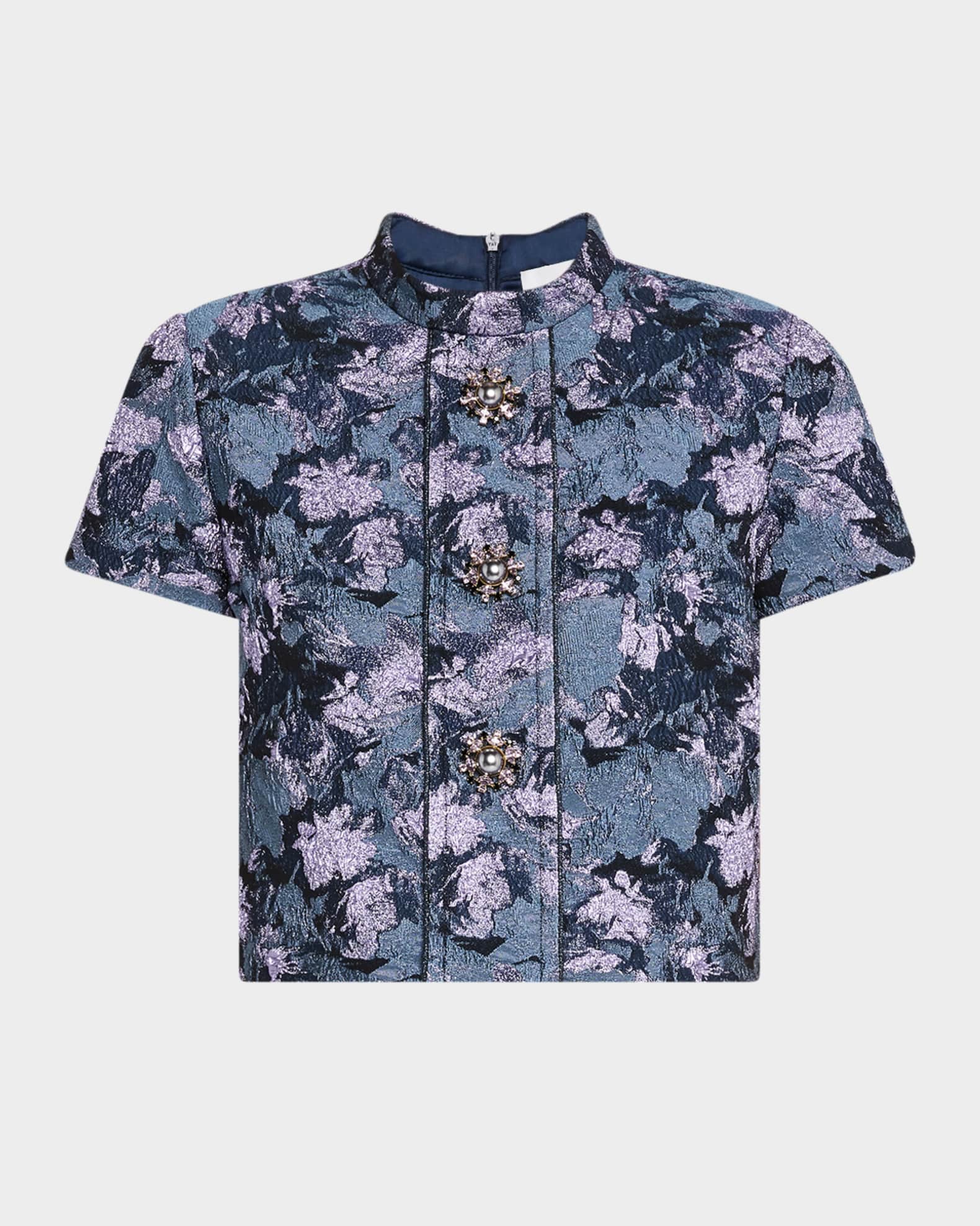 Floral Metallic Gaufre Short-Sleeve Crop Top 0