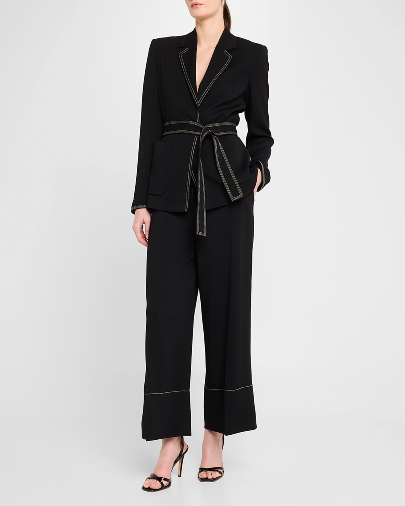 Light Weight Stretch Sable Cropped Pant W Side Pockets Contrast Topstitch Detail 1