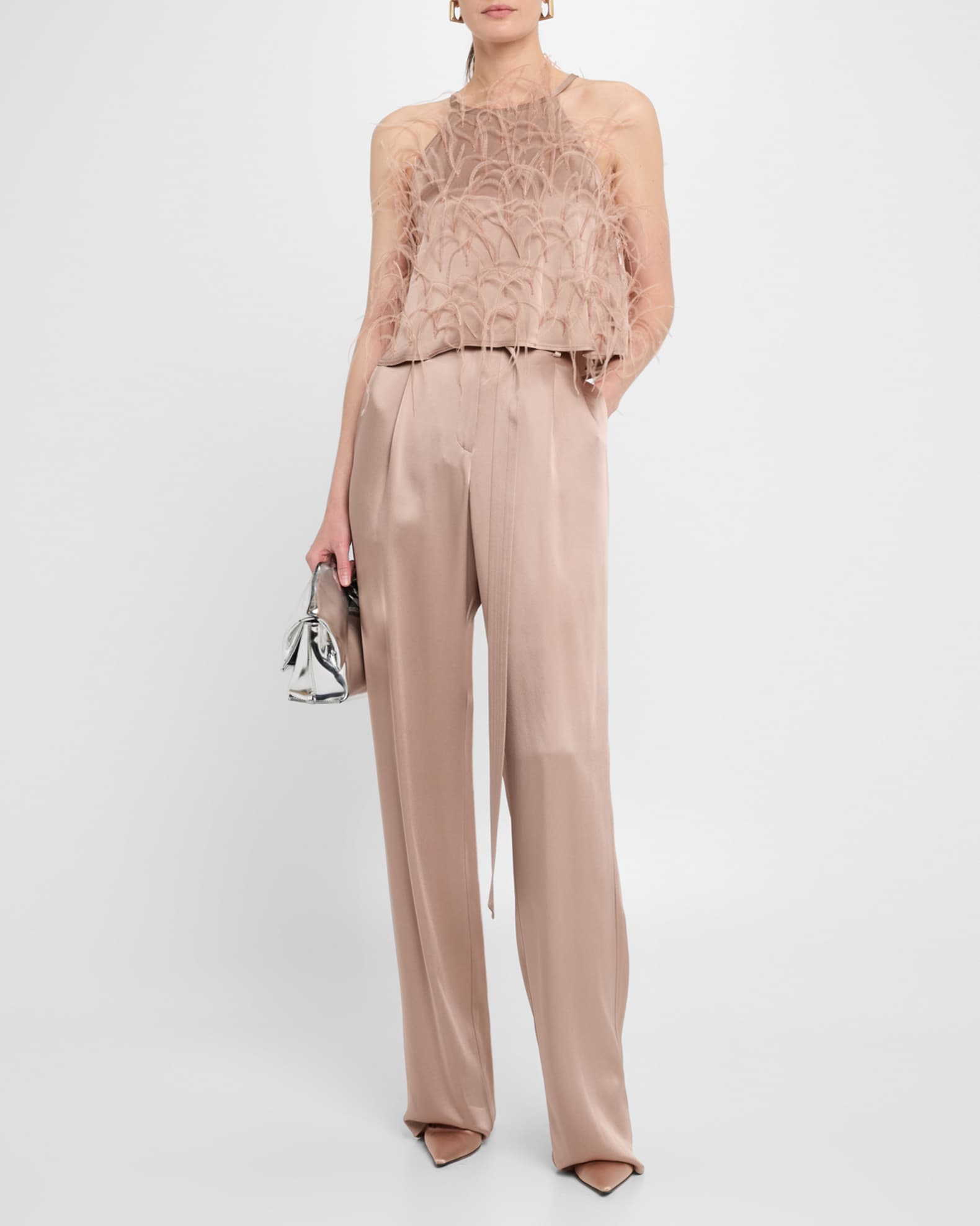 Pleated Straight-Leg Satin Pants With Belt 1