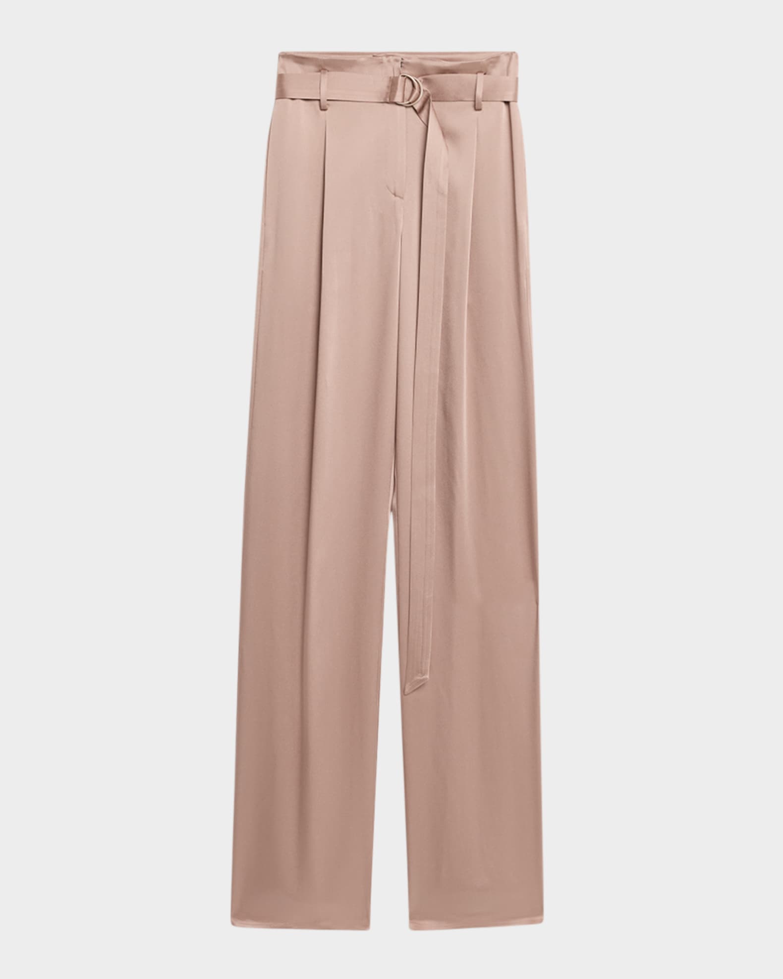 Pleated Straight-Leg Satin Pants With Belt 0