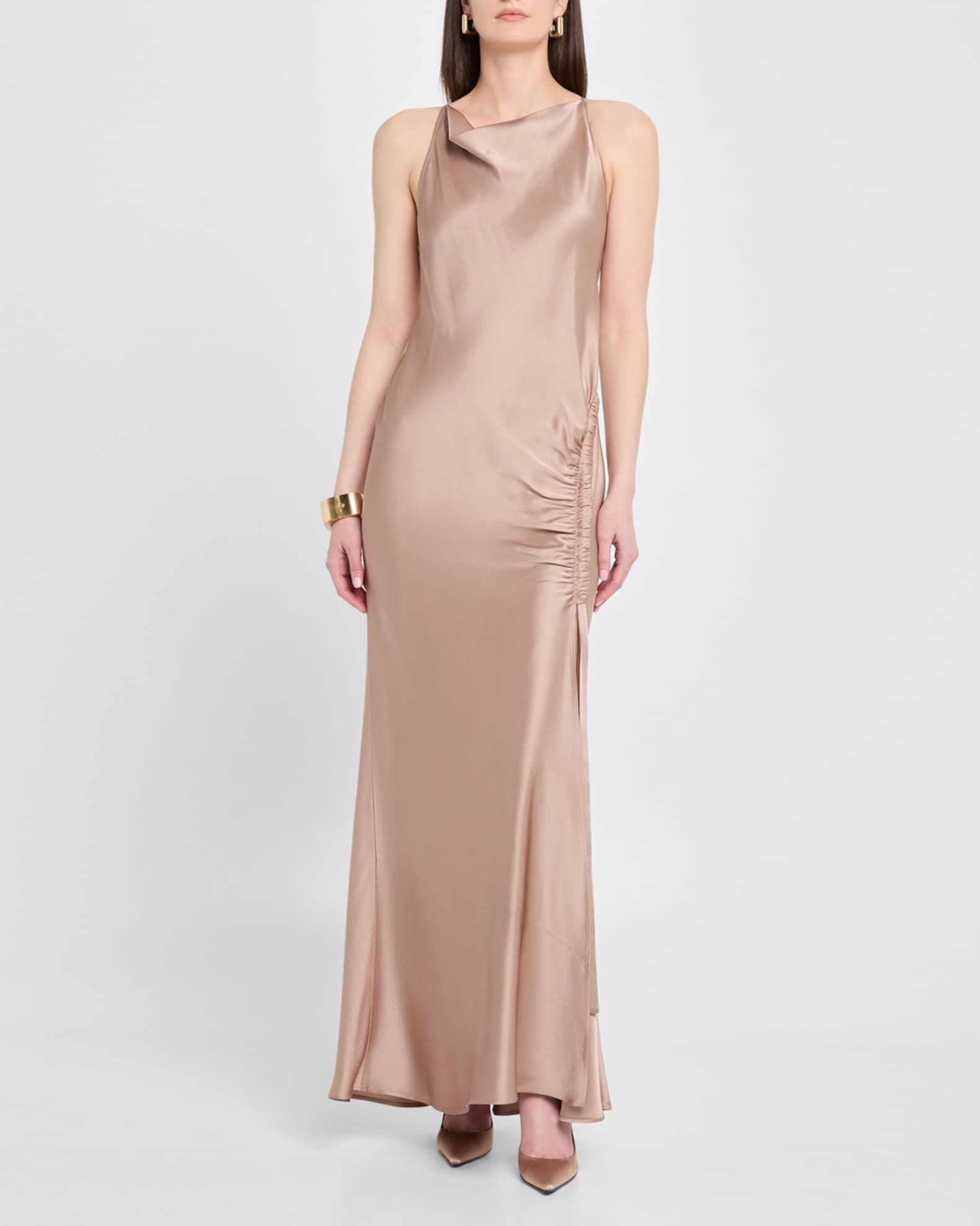 Cowl-Neck Ruched Satin Gown 1