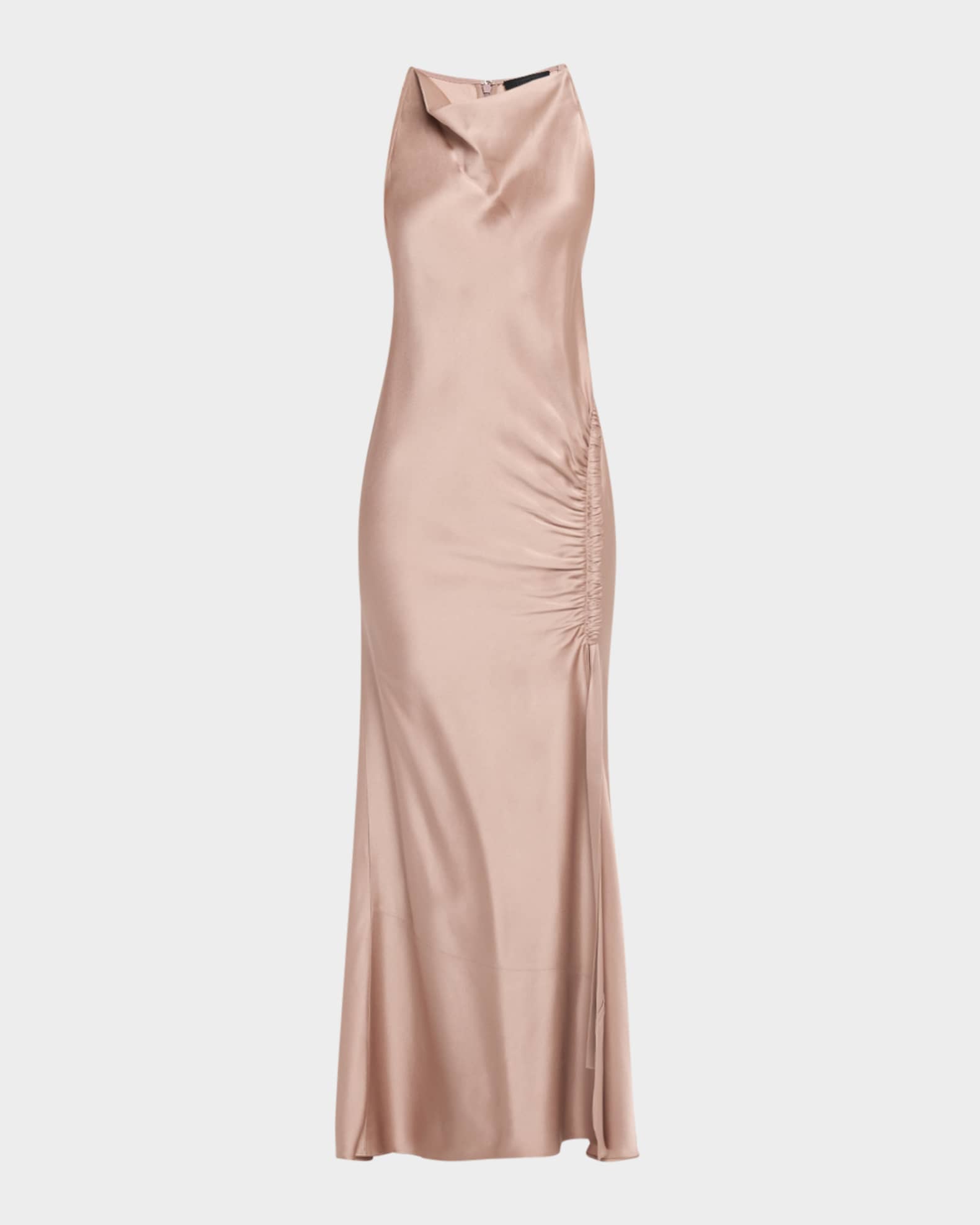 Cowl-Neck Ruched Satin Gown 0
