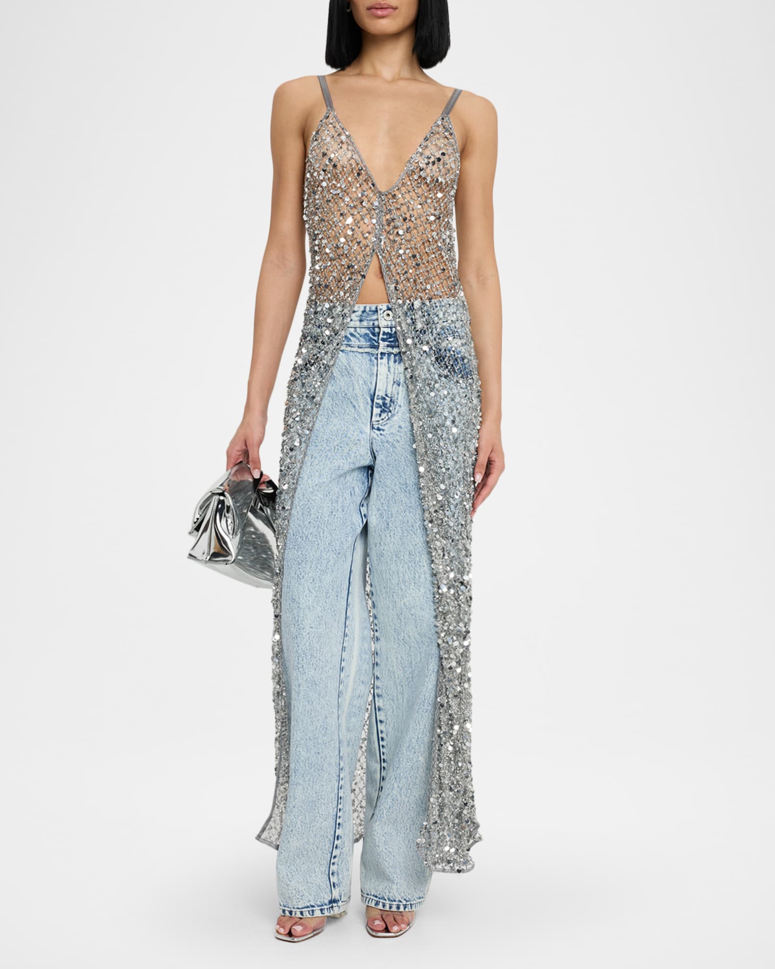 V-Neck Sequined Net Mesh Long Cami 1