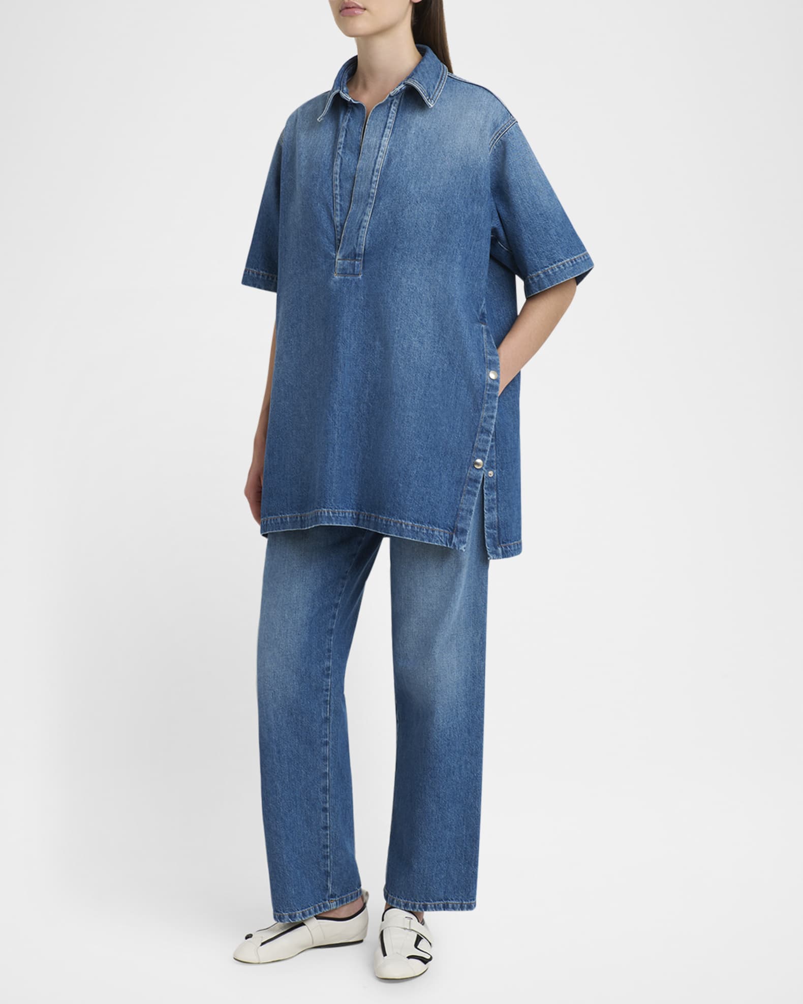Snap-Slits Collared Denim Shirt 1