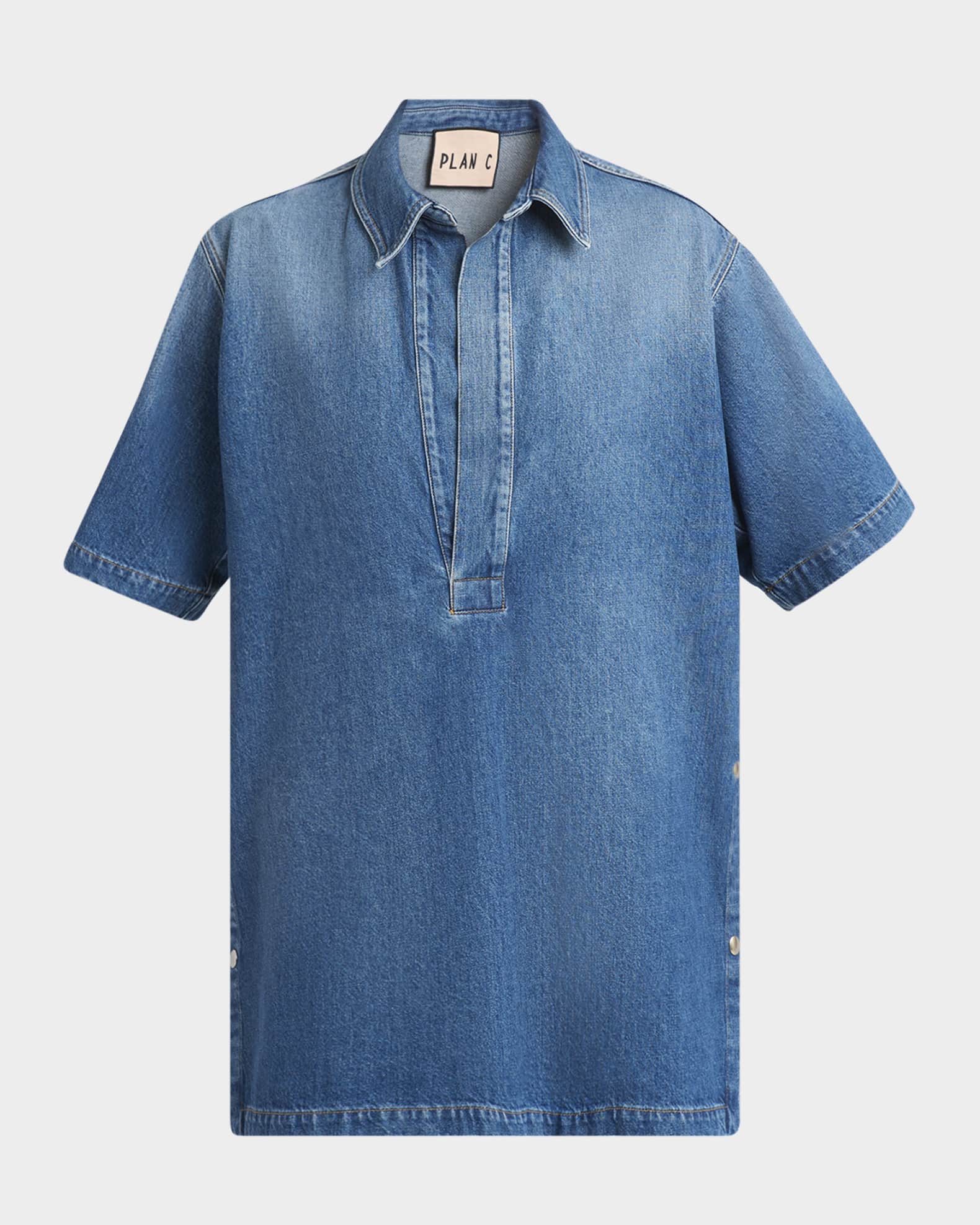 Snap-Slits Collared Denim Shirt 0
