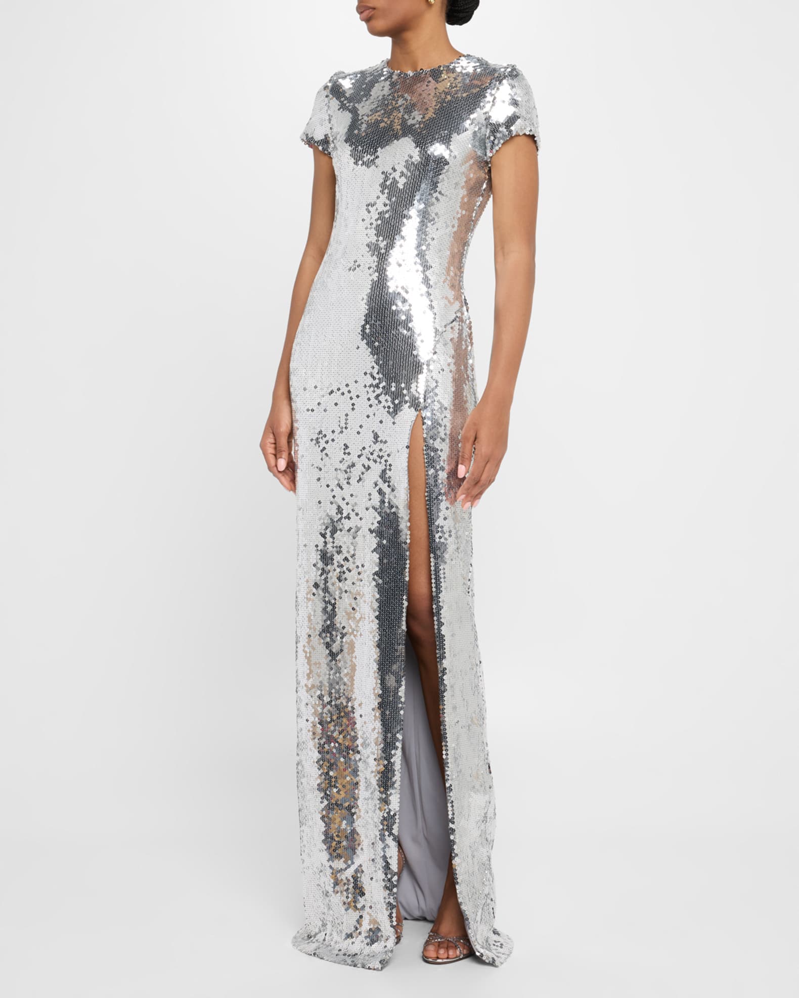 Sequined Short-Sleeve High Slit Gown 1