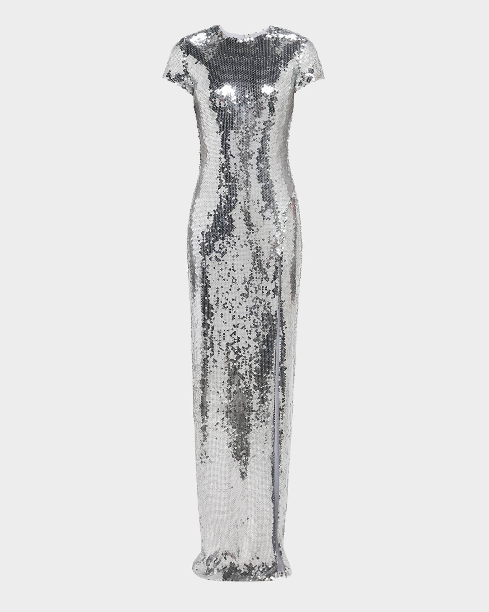 Sequined Short-Sleeve High Slit Gown 0