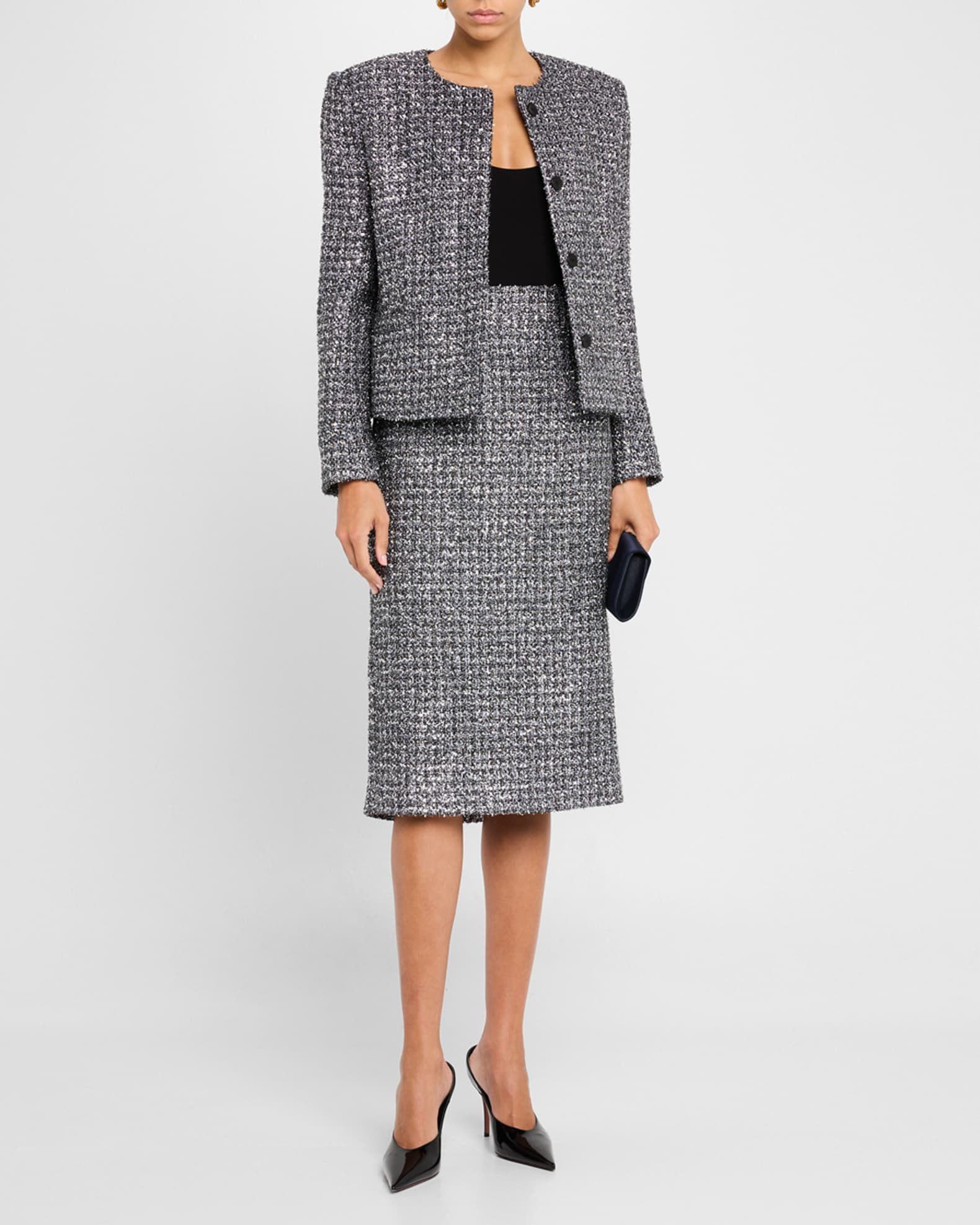 Metallic Tweed Midi Pencil Skirt 1