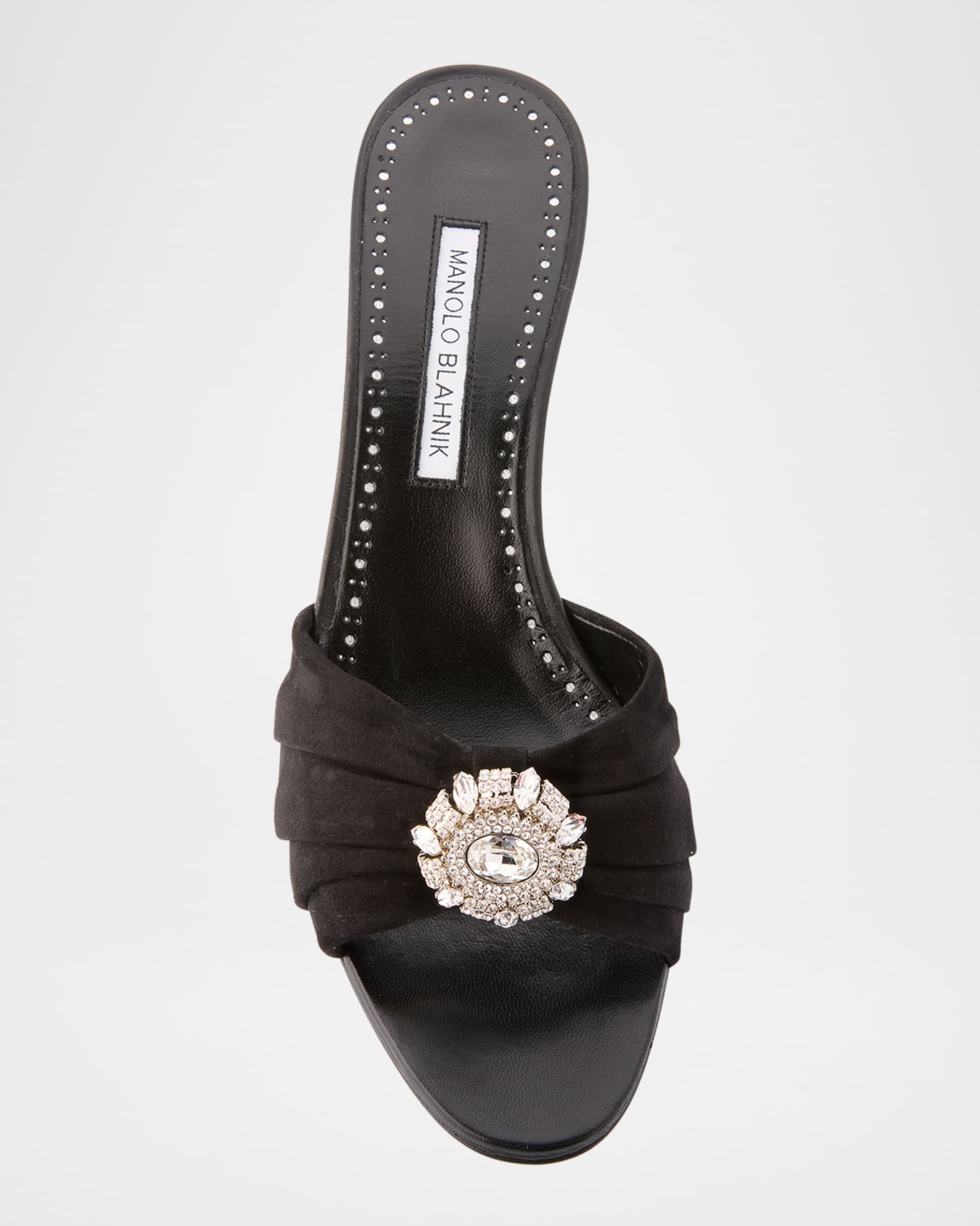 Manolo Blahnik Ruched Suede Crystal Slide Sandals | Neiman
