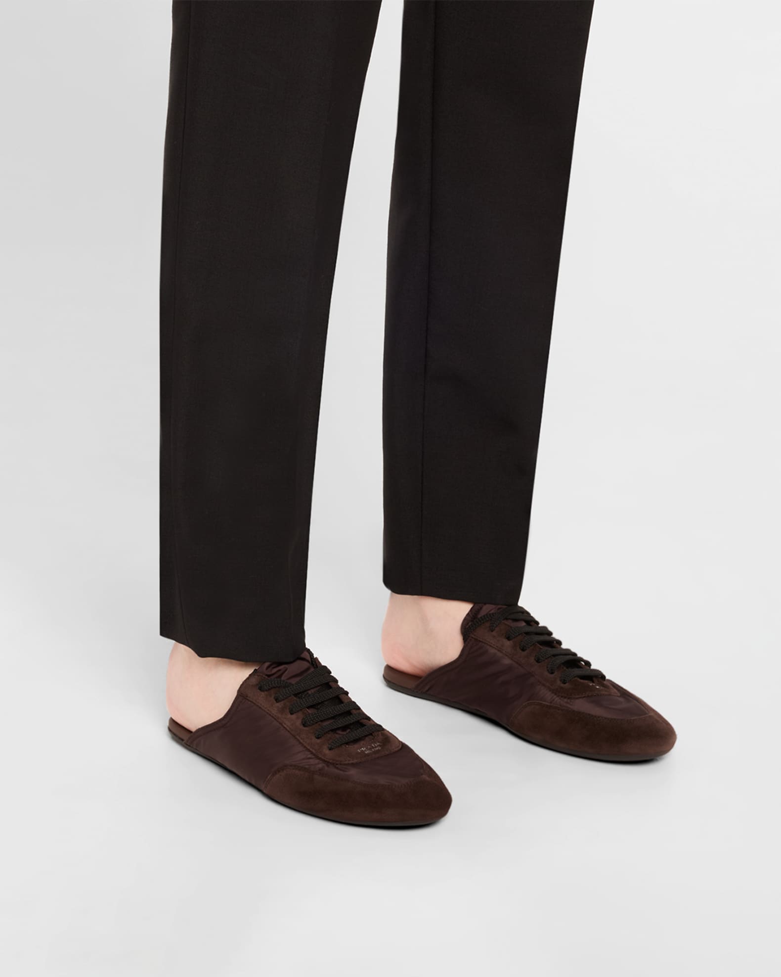 Prada Collapse Nylon and Suede Open-Back Sneakers | Neiman