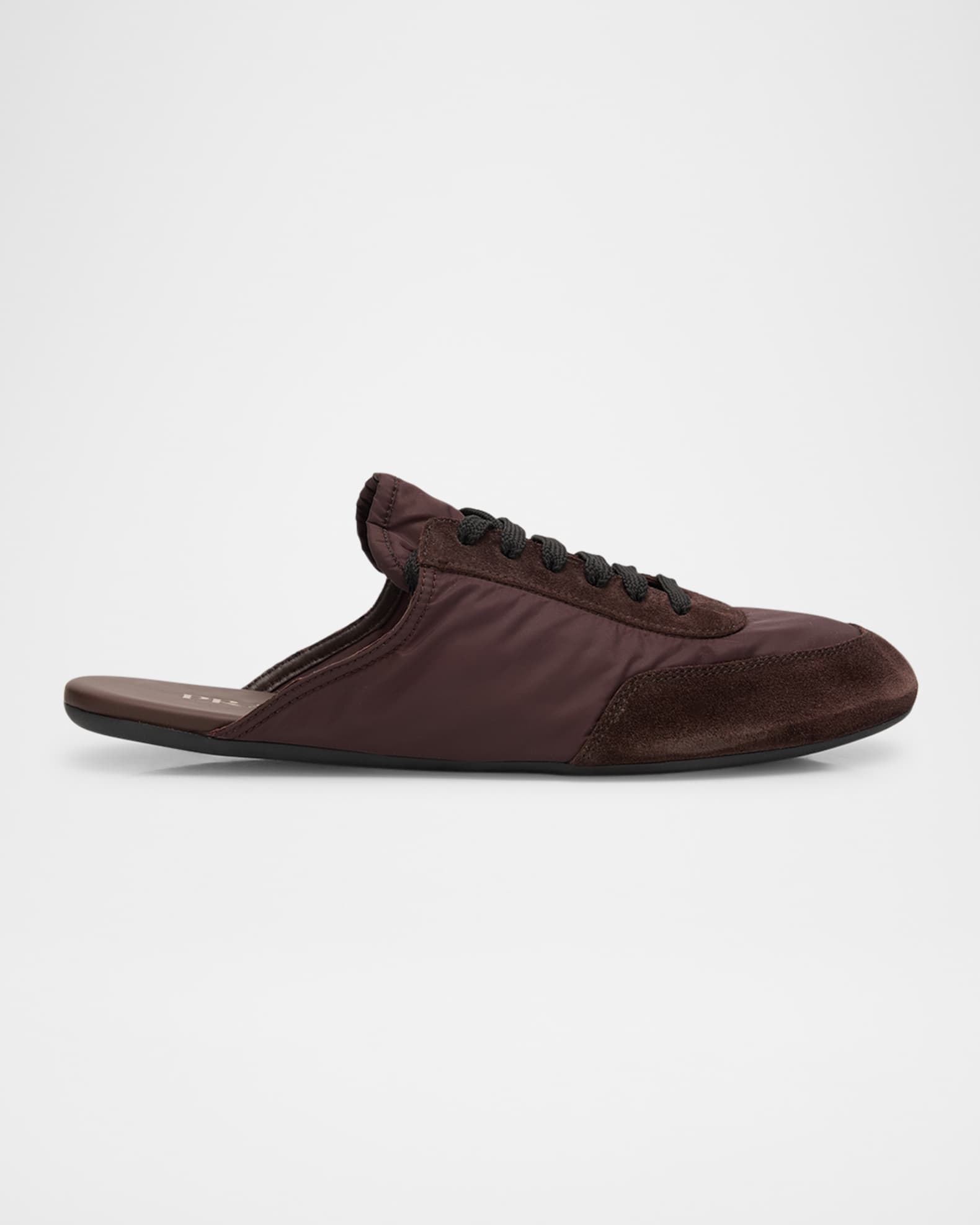 Prada Collapse Nylon and Suede Open-Back Sneakers | Neiman