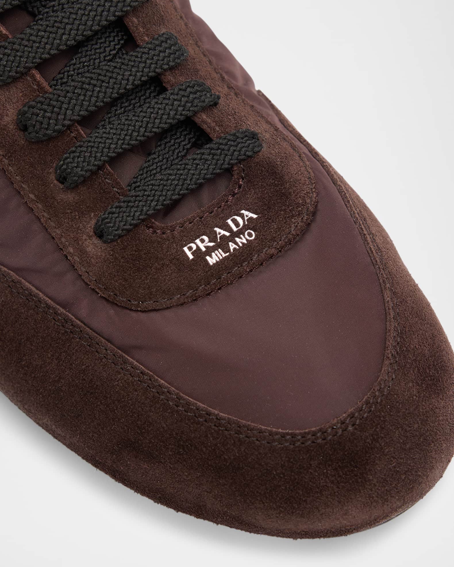Prada Collapse Nylon and Suede Open-Back Sneakers | Neiman