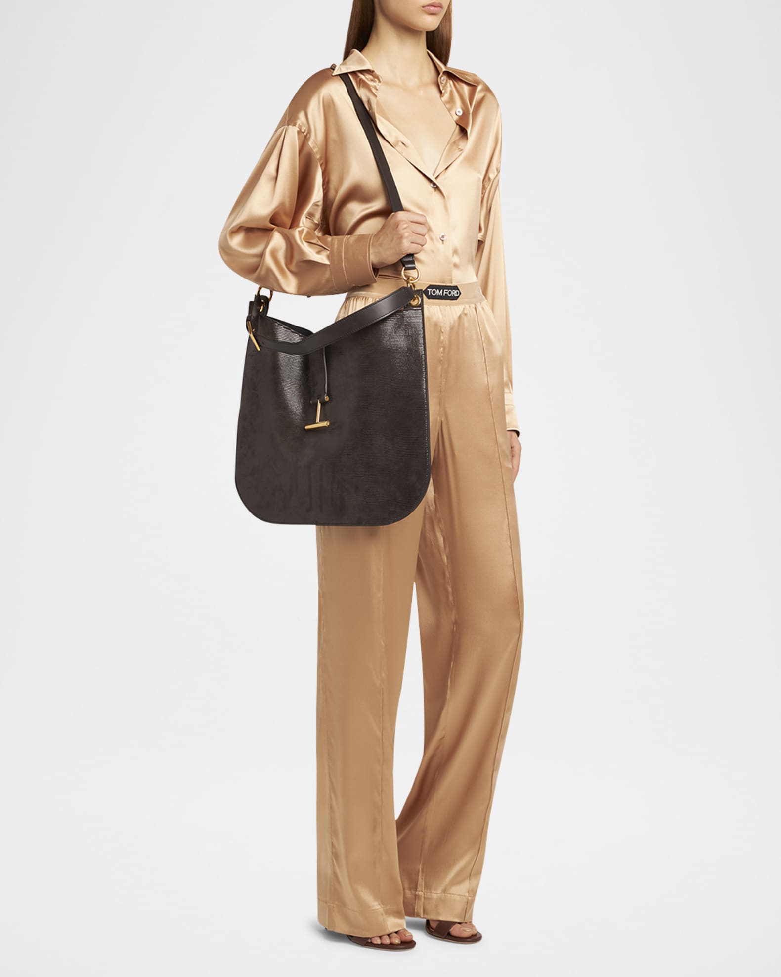 TOM FORD Tara Large Crossbody Bag in Lizard-Embossed Suede