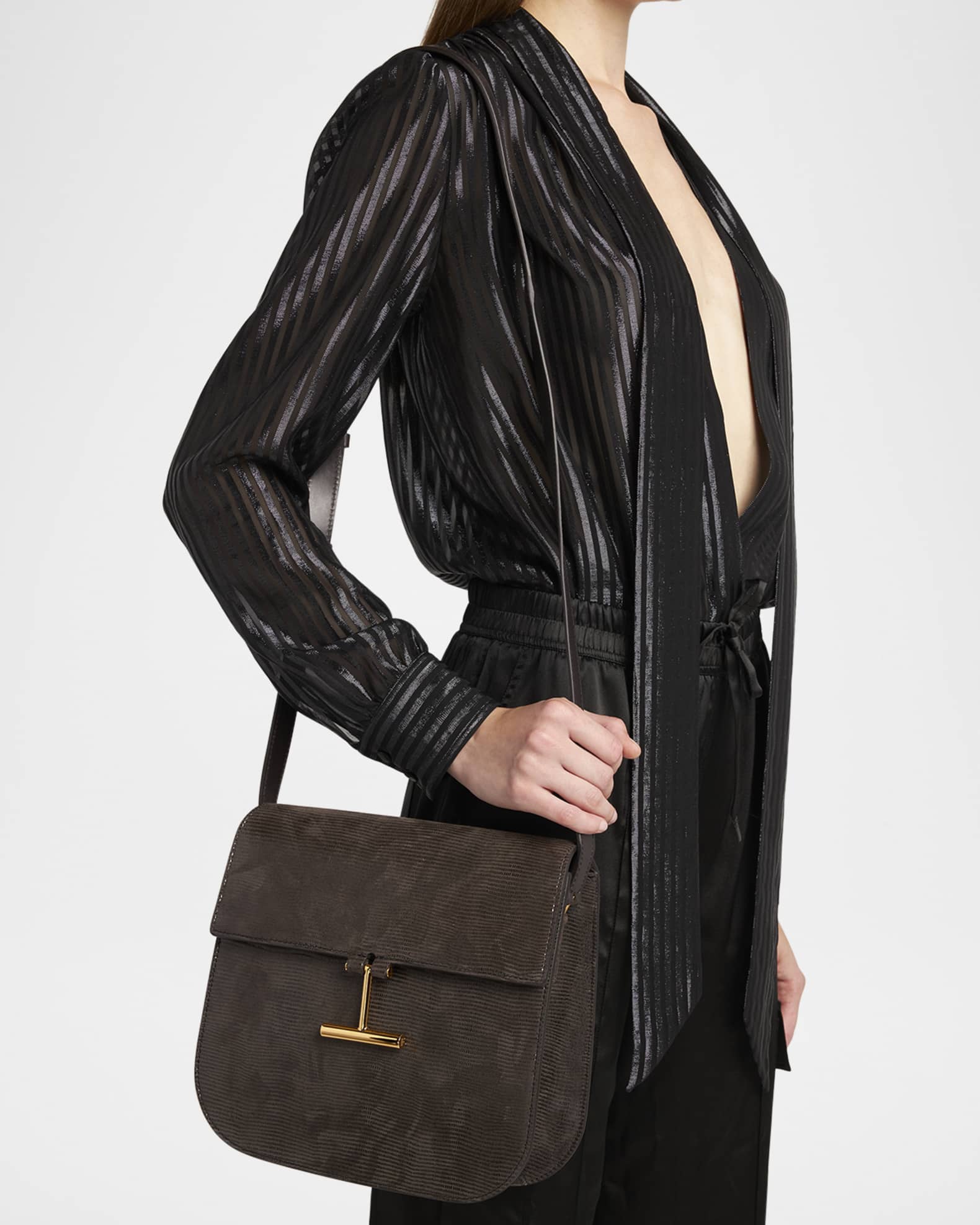 Tara Medium Crossbody Bag in Lizard-Embossed Suede and Leather  1